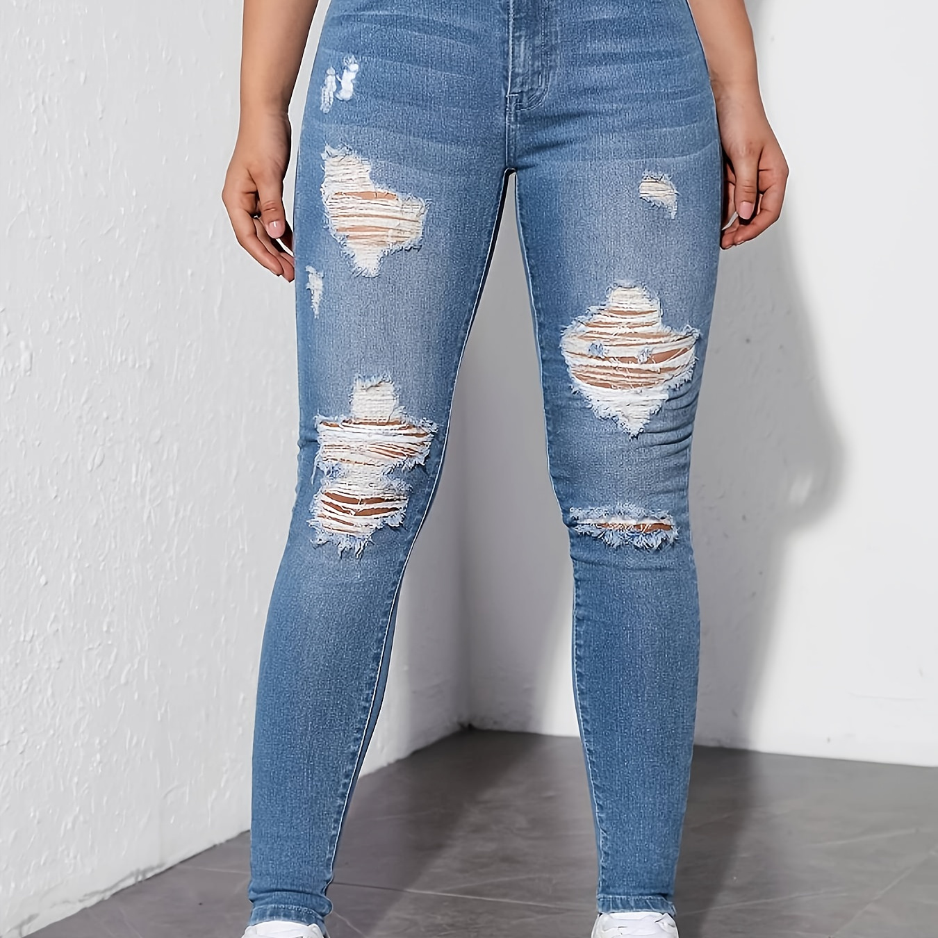 

Women's Replica Ripped Jeans, Street Fashion High-waisted Vintage Jeans, Casual Skinny Denim Trousers With Pockets, Light Blue Wash Women's Jeans And Clothing