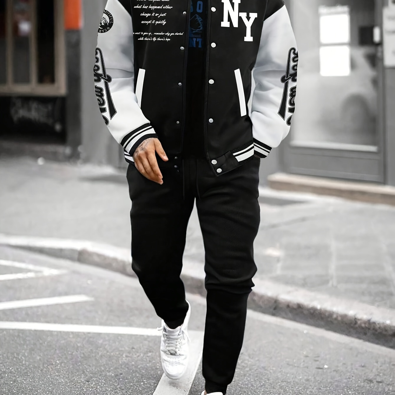 

New -inspired Men's Baseball Jacket & Joggers Set - Casual Streetwear With Letter Print, Polyester , Button Detail - Fall/winter