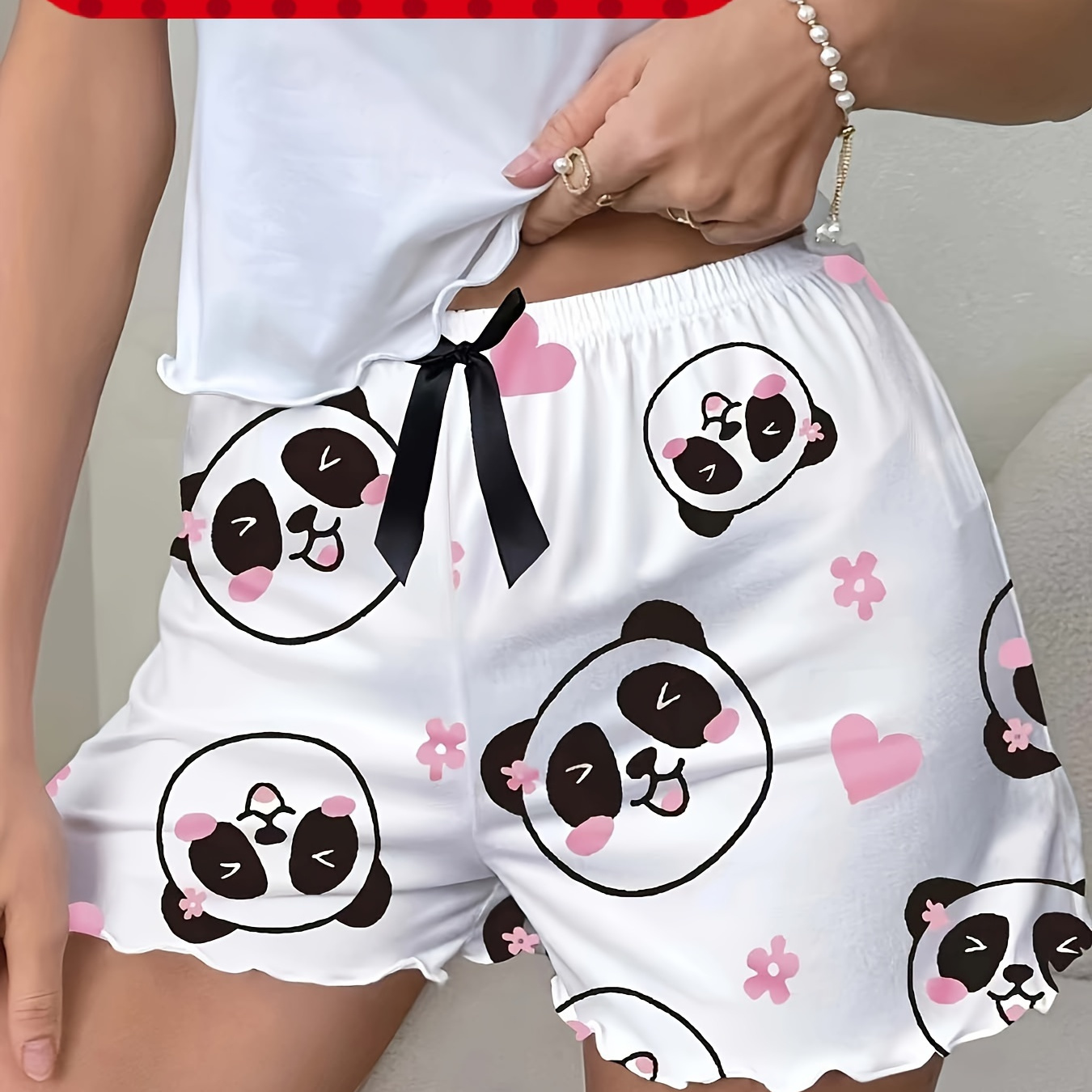 

Cute Panda Print Night Bottoms, Elastic High Waist Frill Trim Shorts, Women's Sleepwear & Loungewear