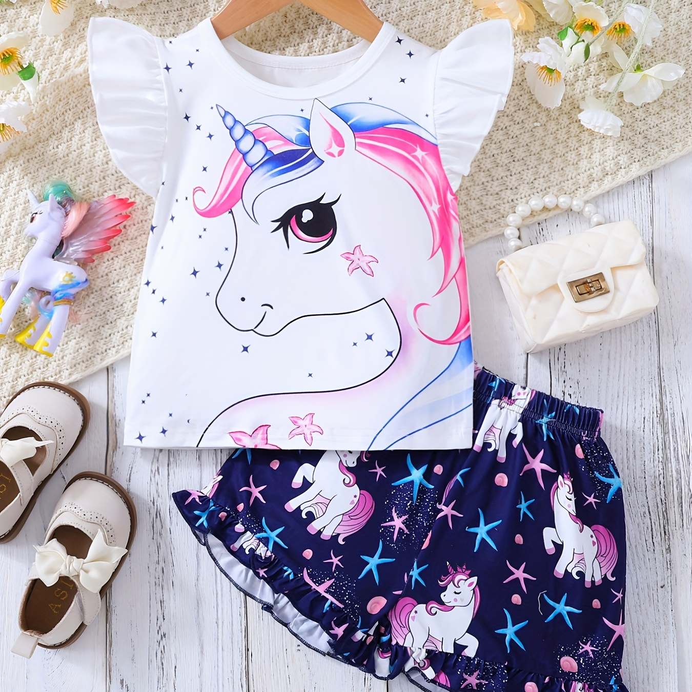 

2pcs Girls Ruffle Trim Cute Cartoon Unicorn Graphic T-shirt Top & Ruffled Hem Elastic Waist Shorts Set Kids Summer Clothes