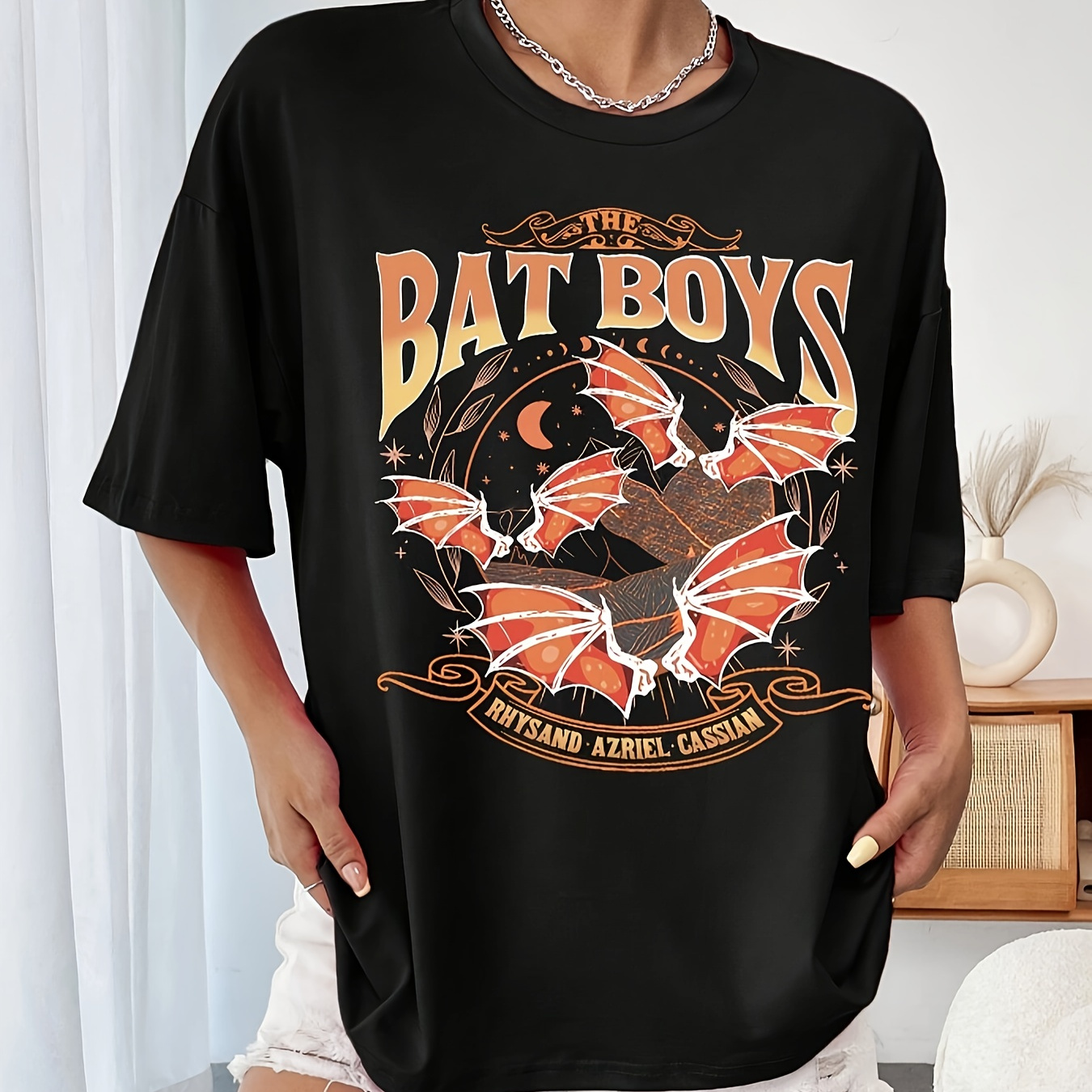 

Bat Print Drop Shoulder T-shirt, Short Sleeve Crew Neck Casual Top For Spring & Summer, Women's Clothing