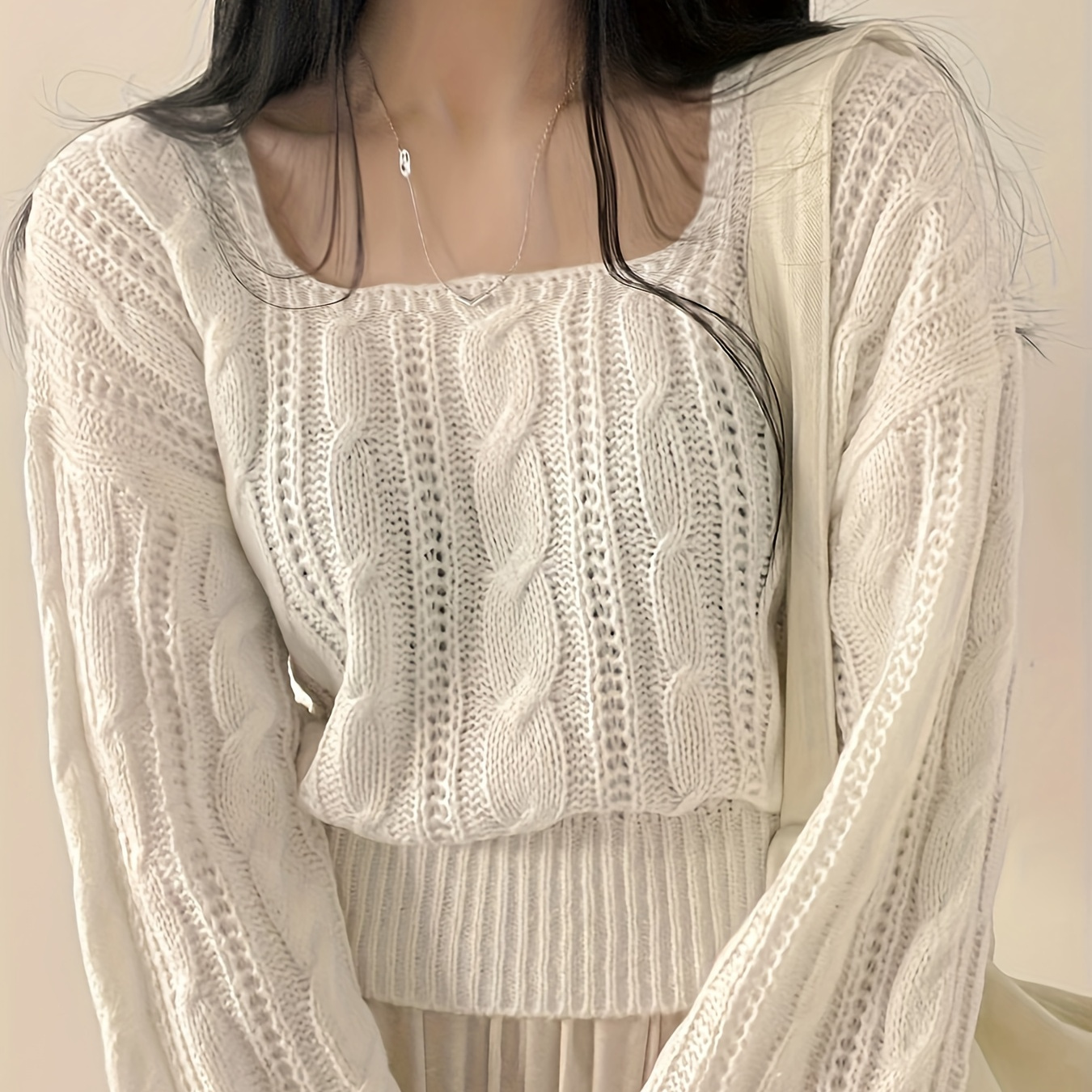 

Cable Knit Square Neck Sweater, Elegant Long Sleeve Sweater For Fall & Winter, Women's Clothing