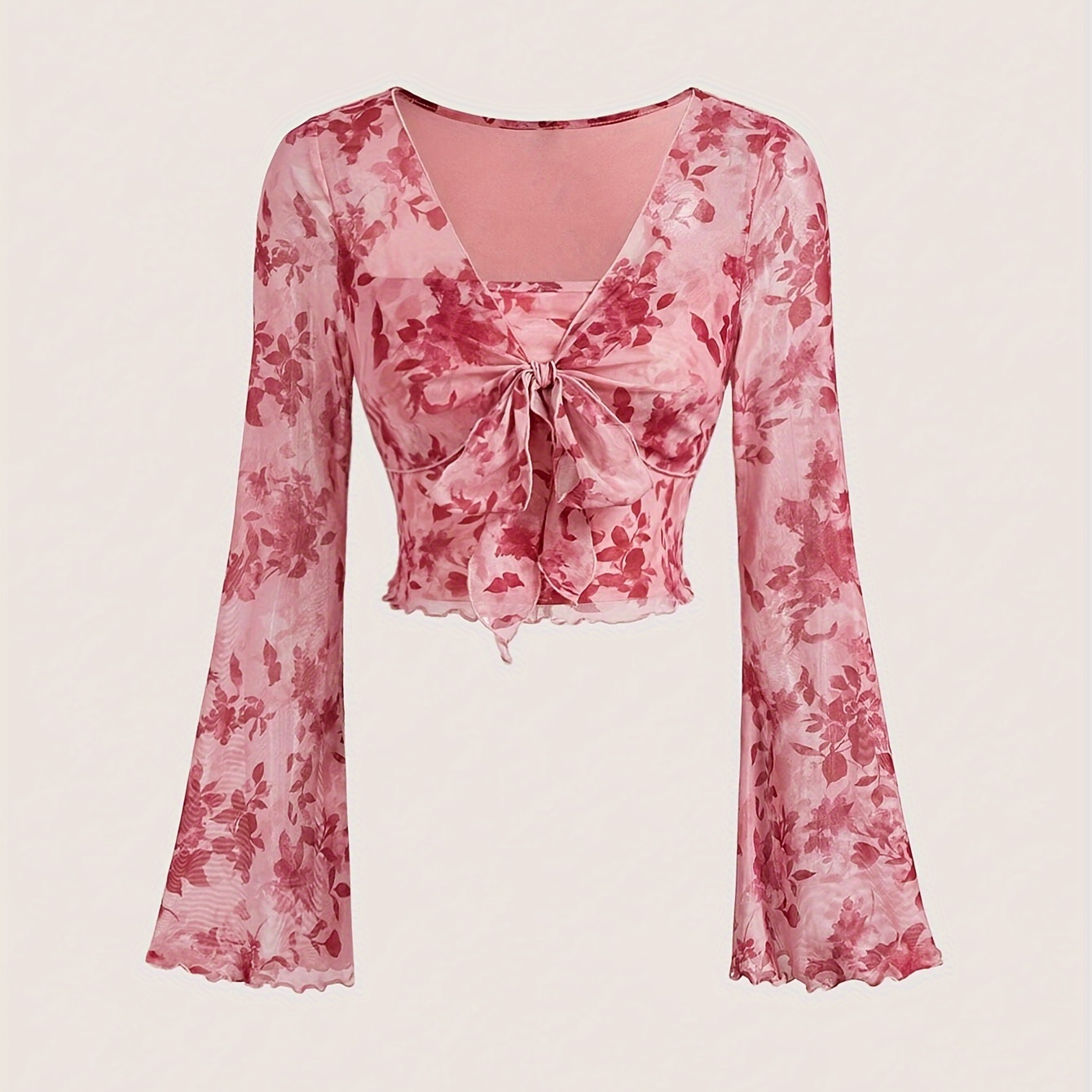 

1pc Sexy Floral V-neck Top With Tie Front Detail, Polyester 94% Elastane 6%, Woven Chic Pink Blouse For Spring/summer