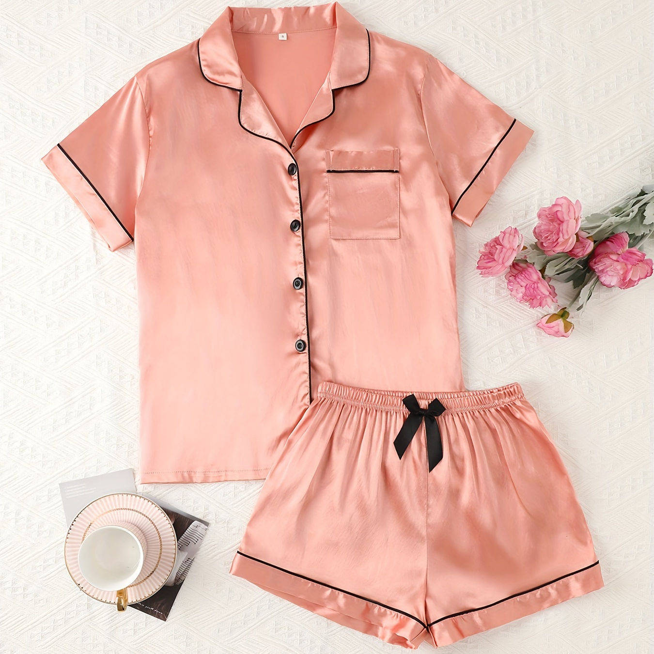 

Solid Satin Pajama Set, Casual Short Sleeve Button Up Lapel Collar Top & Bow Shorts, Women's Sleepwear & Loungewear