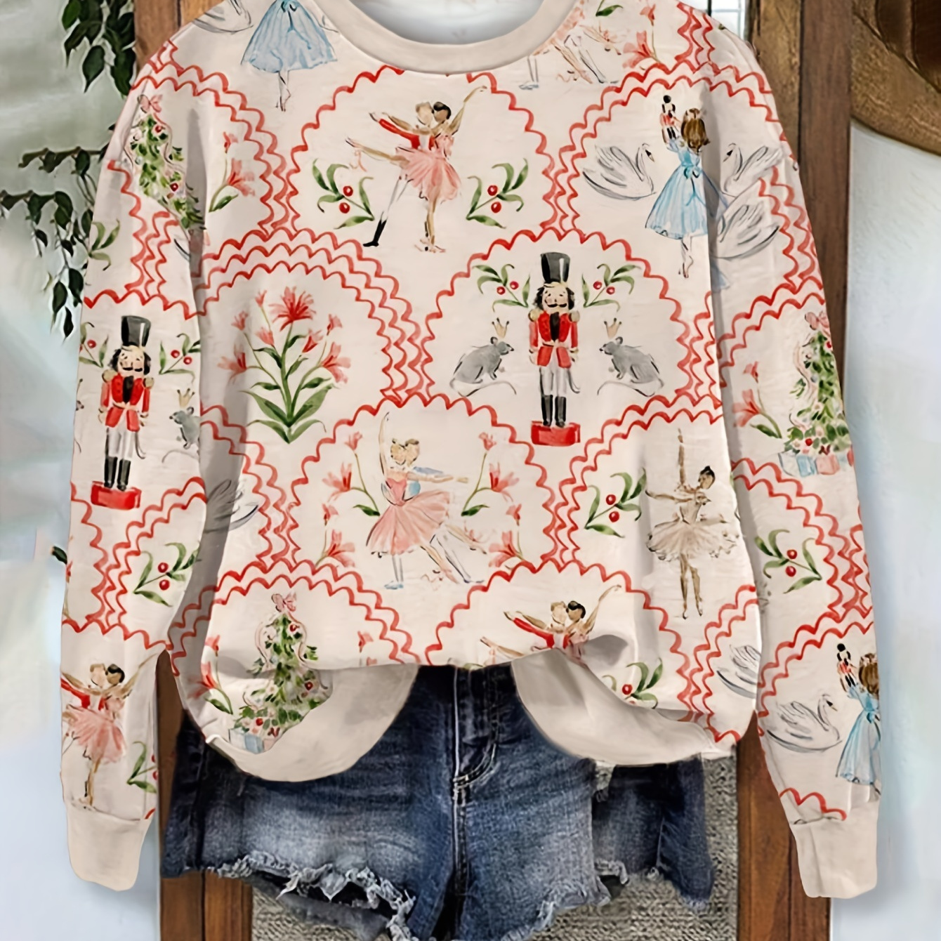 

Cozy Christmas Nutcracker Print Knit Sweatshirt For Women - Casual Long Sleeve, Crew Neck Pullover With Drop Shoulder Design, Fall & Winter