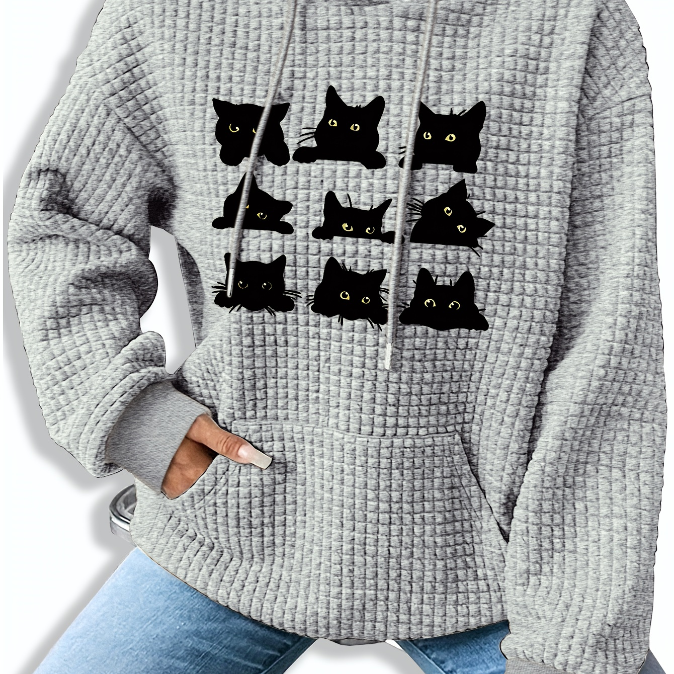 

Women's Casual Knit Hoodie With Cat Print Long Sleeve Waffle Textured Pullover Hooded Sweatshirt For Fall/winter - Polyester & Spandex Blend With Hooded Neck