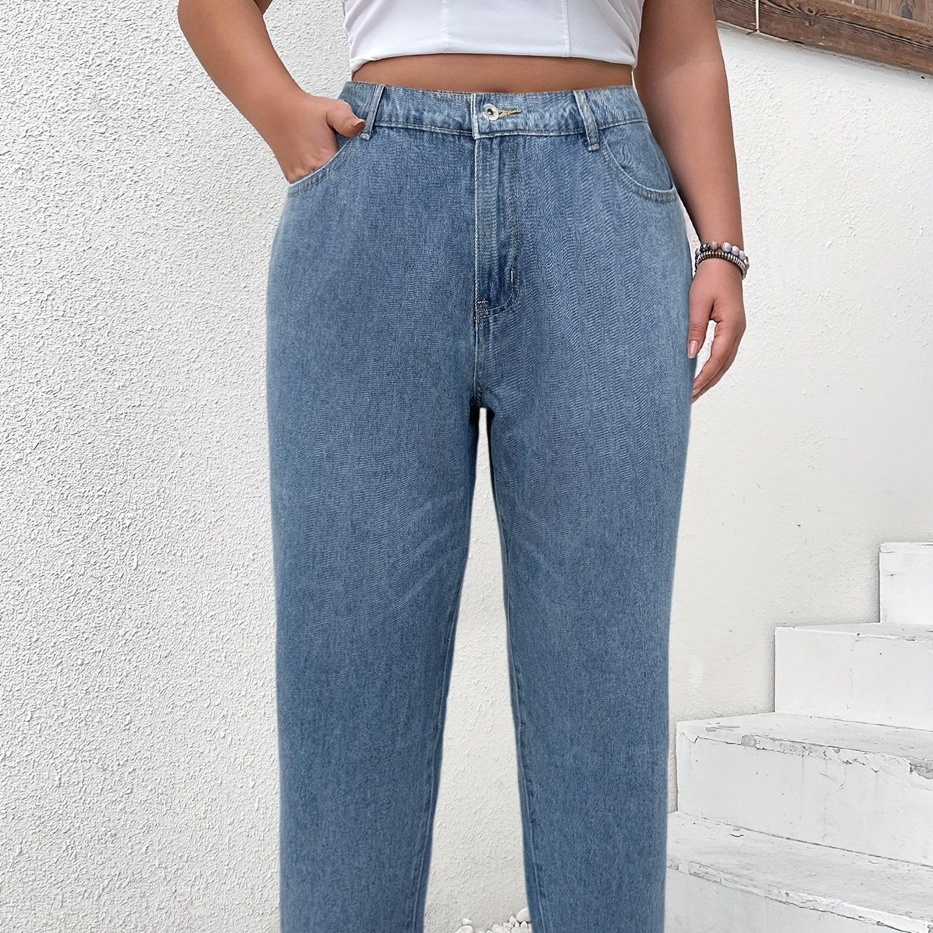 

Jean simple grande taille, femme solide bouton braguette taille haute moyenne stretch jean avec poche