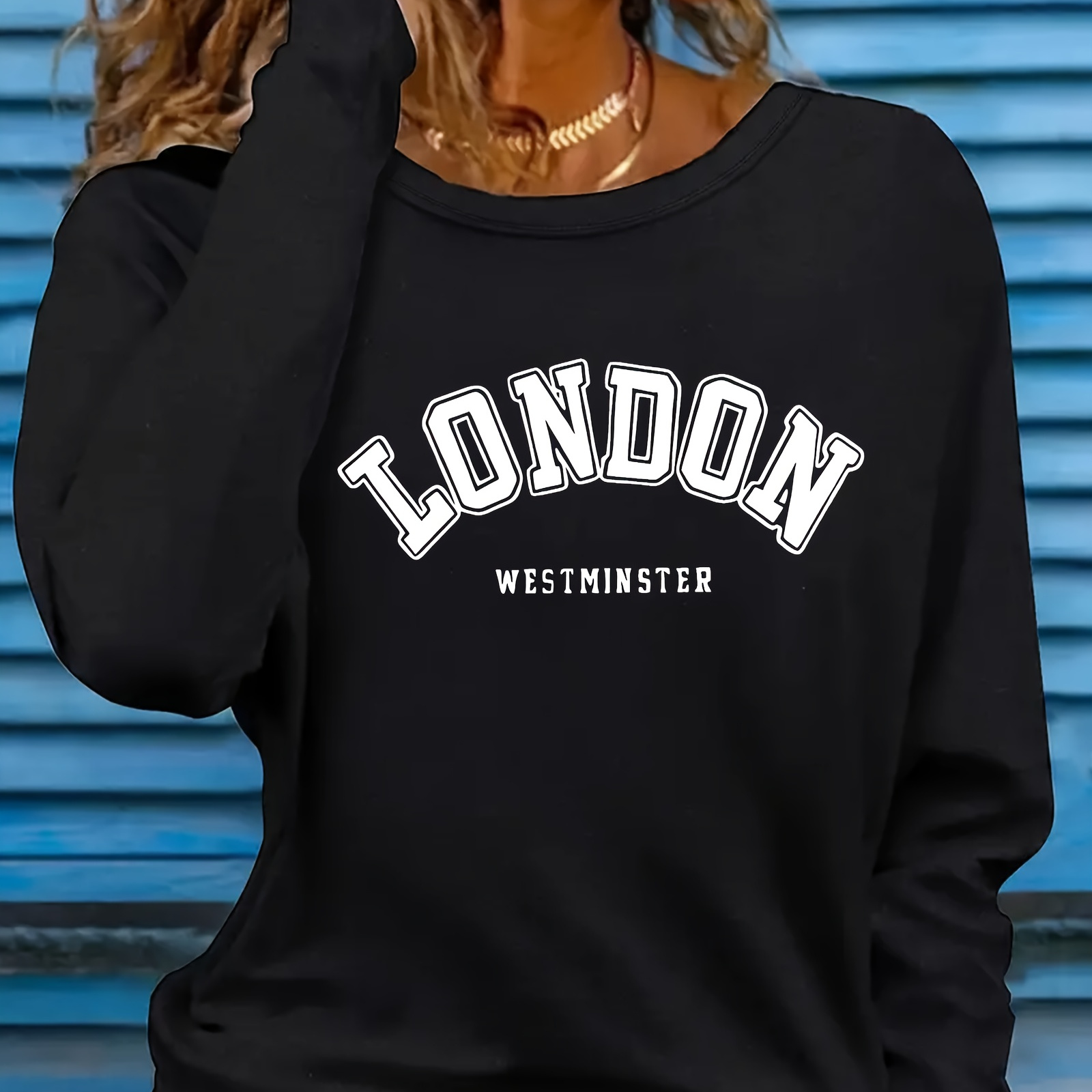 

London Letter Print Casual Long Sleeve Sweatshirt For Women - Polyester Knit Fabric, Round Neck, Elastic, Comfortable Fit, Fashionable All-season Wear