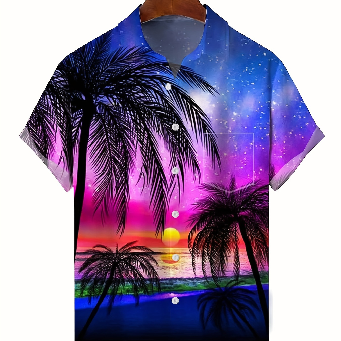 Plus Size Men's Coconut Tree Sunset Landscape Patter Hawaii Button-Down Shirt, Holidays Casual Tops