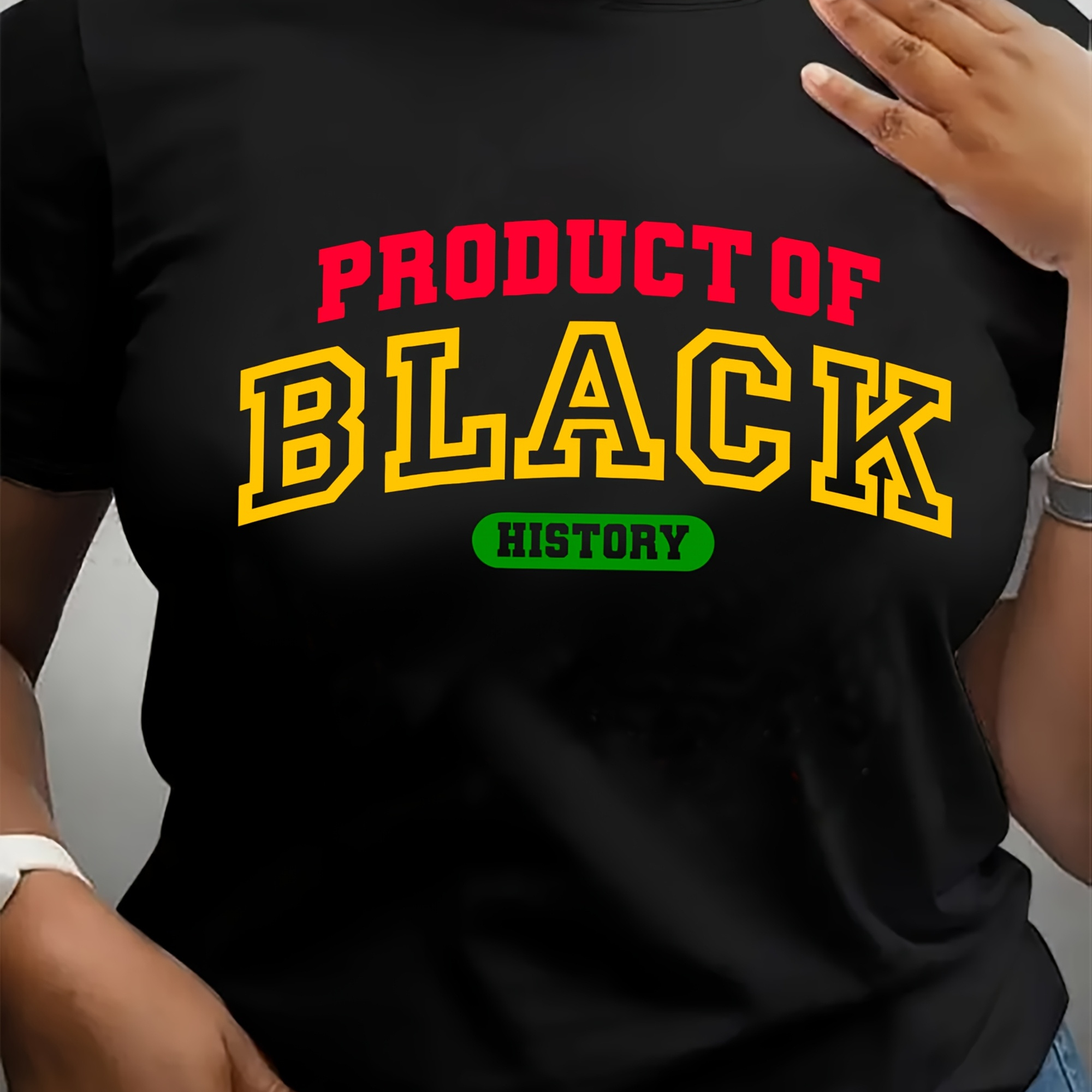 

Women's "black History" Graphic Tee - Casual Polyester, Round Neck, Short Sleeve, Machine Washable, Black With Lettering & Green Accents
