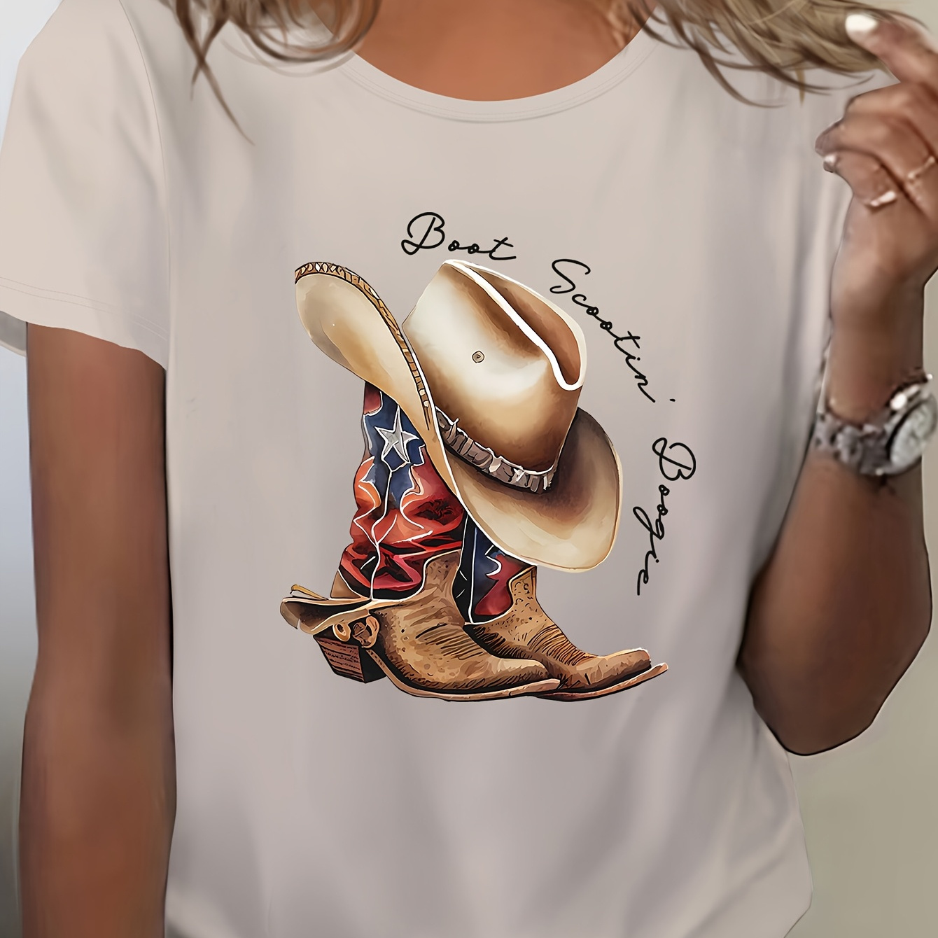 

Women's Western Cowboy Boot Graphic T-shirt, Casual Crew Neck Short Sleeve Top, 95% Polyester 5% Spandex Knit Fabric, Medium Stretch Summer & Spring Tee, All