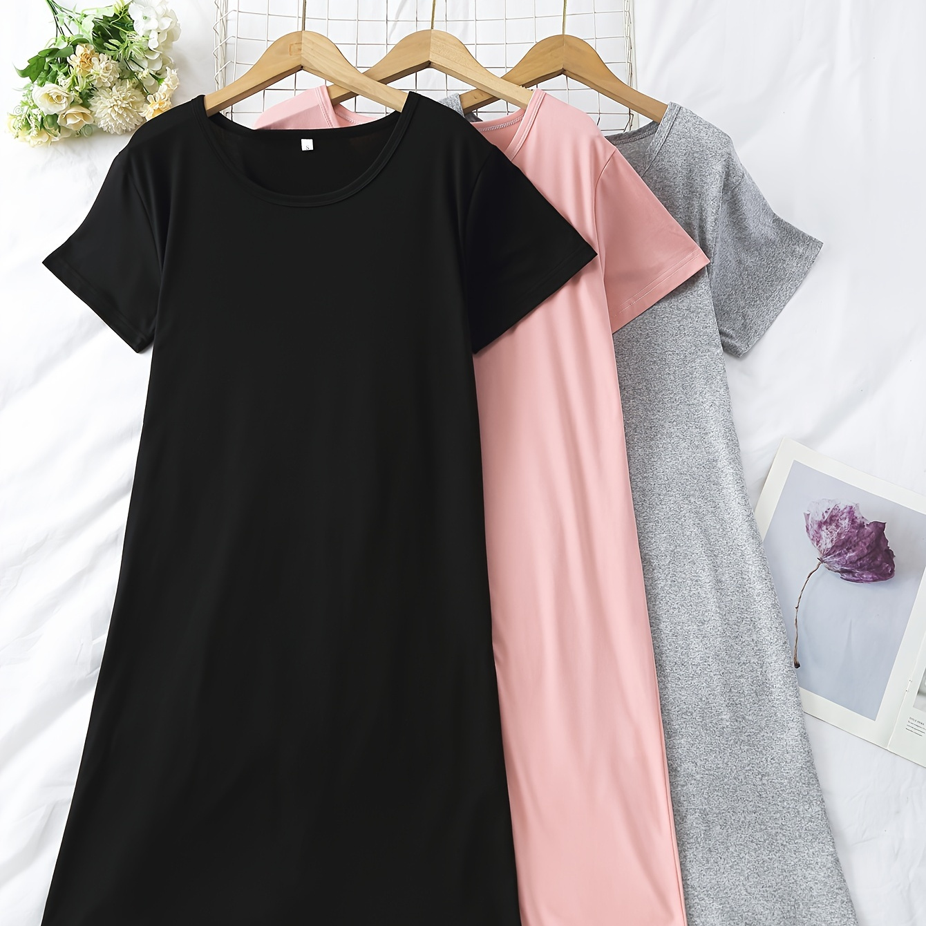 

3pcs Simple Solid Nightdress, Short Sleeve Crew Neck Pajama Dress, Women's Sleepwear & Dresses