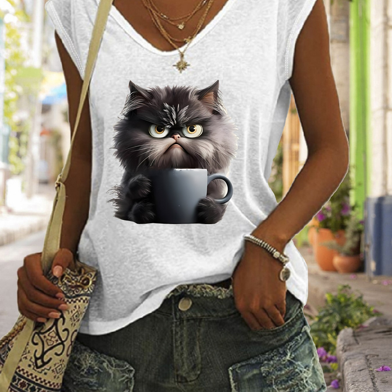 

Cat Print Cap Sleeve Top, Casual Top For Summer & Spring, Women's Clothing