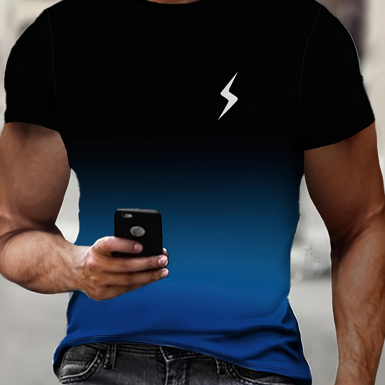 

Men's Gradient Color Lightning Graphic Print T-shirt, Short Sleeve Crew Neck Tee, Men's Clothing For Summer Outdoor