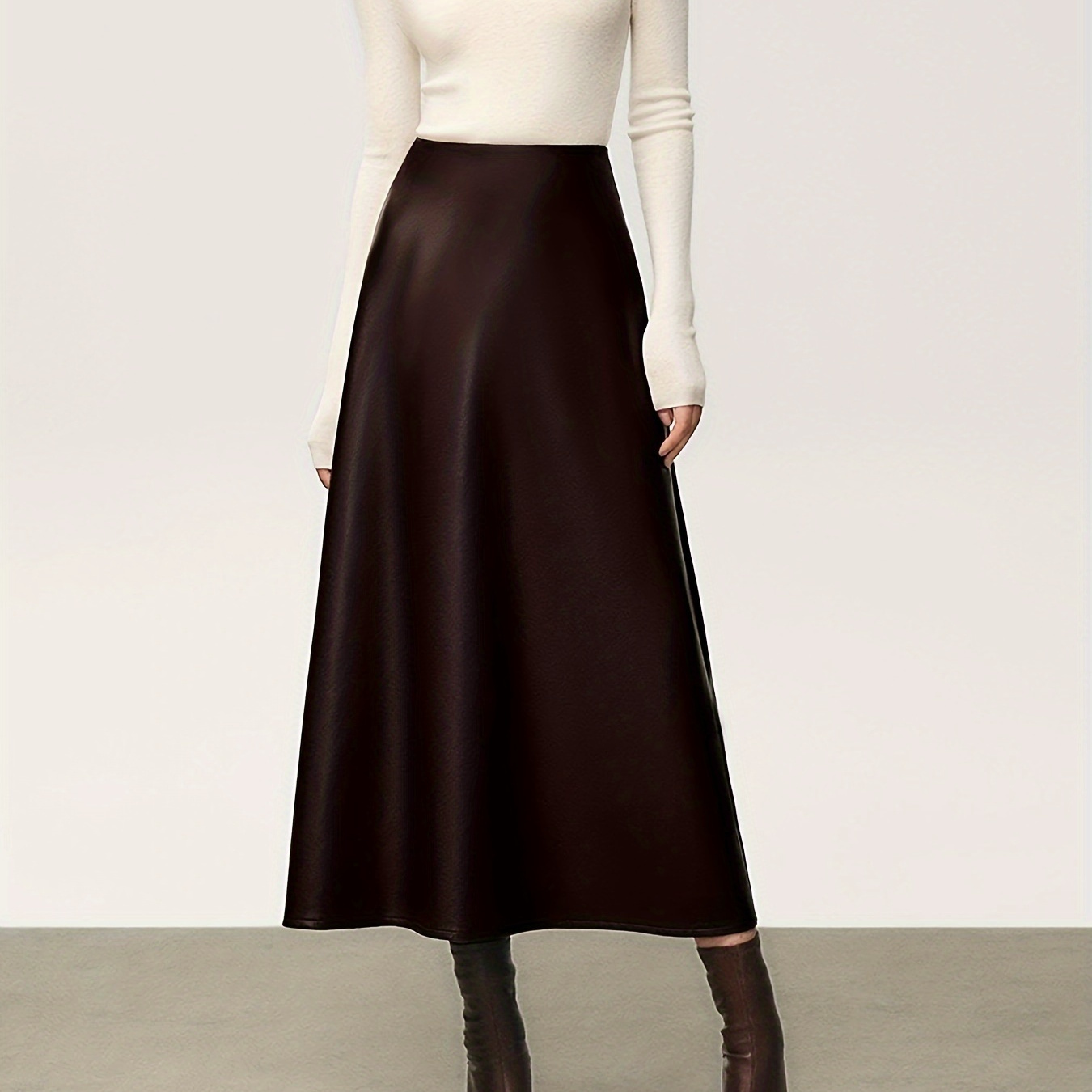 

Elegant Leather Pleated Midi Skirt - Solid Color, Machine Washable, All