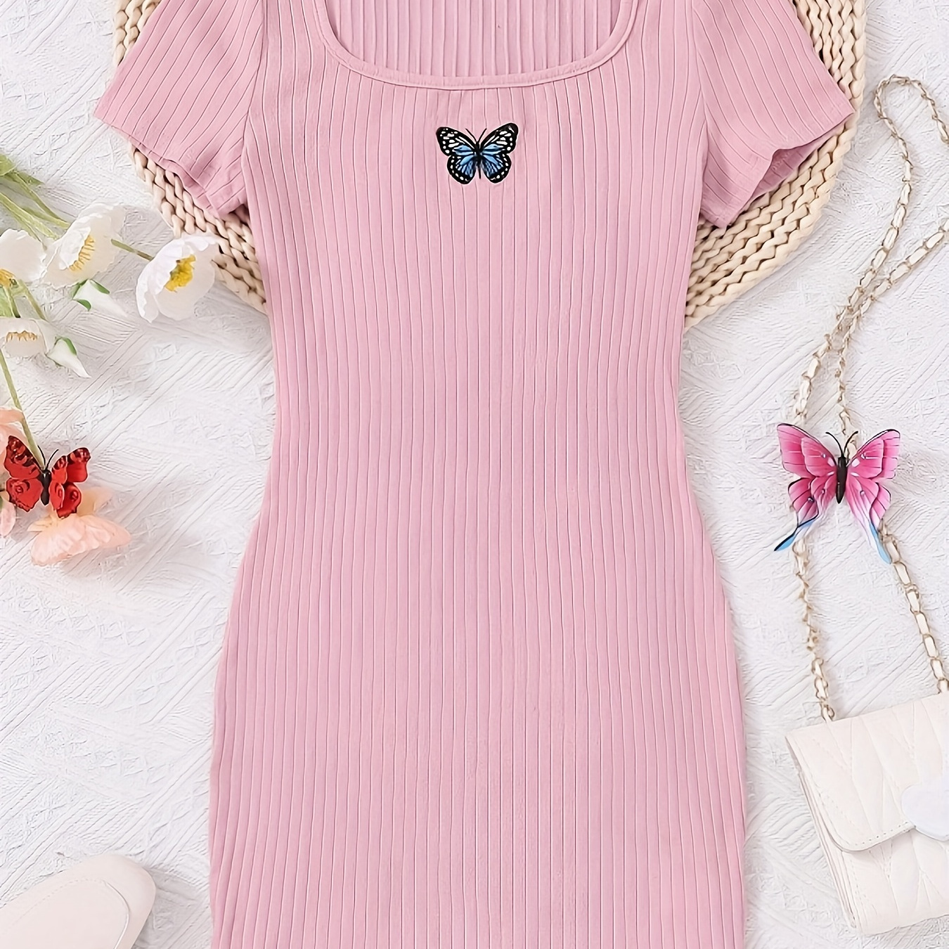 

Butterfly Embroidery Ribbed Bodycon Dress, Chic Solid Color Short Sleeve Slim Dress For Spring & Summer, Women's Clothing