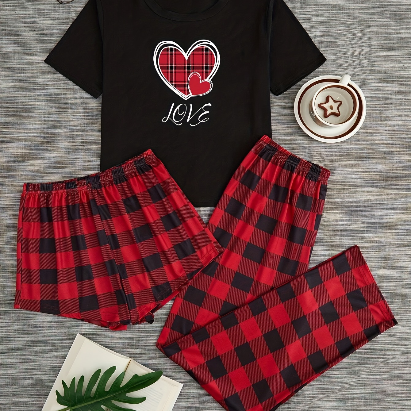 

Women's Plaid Heart Print Casual Pajama Set, Short Sleeve Round Neck Top & Shorts & Pants, Comfortable Relaxed Fit