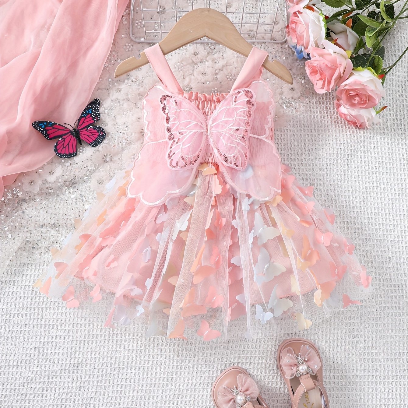 

Baby Girl's Fairy Wing 3d Butterfly Tulle Dress, Fairy Style Cami Dress, Toddler Girl Birthday Dress