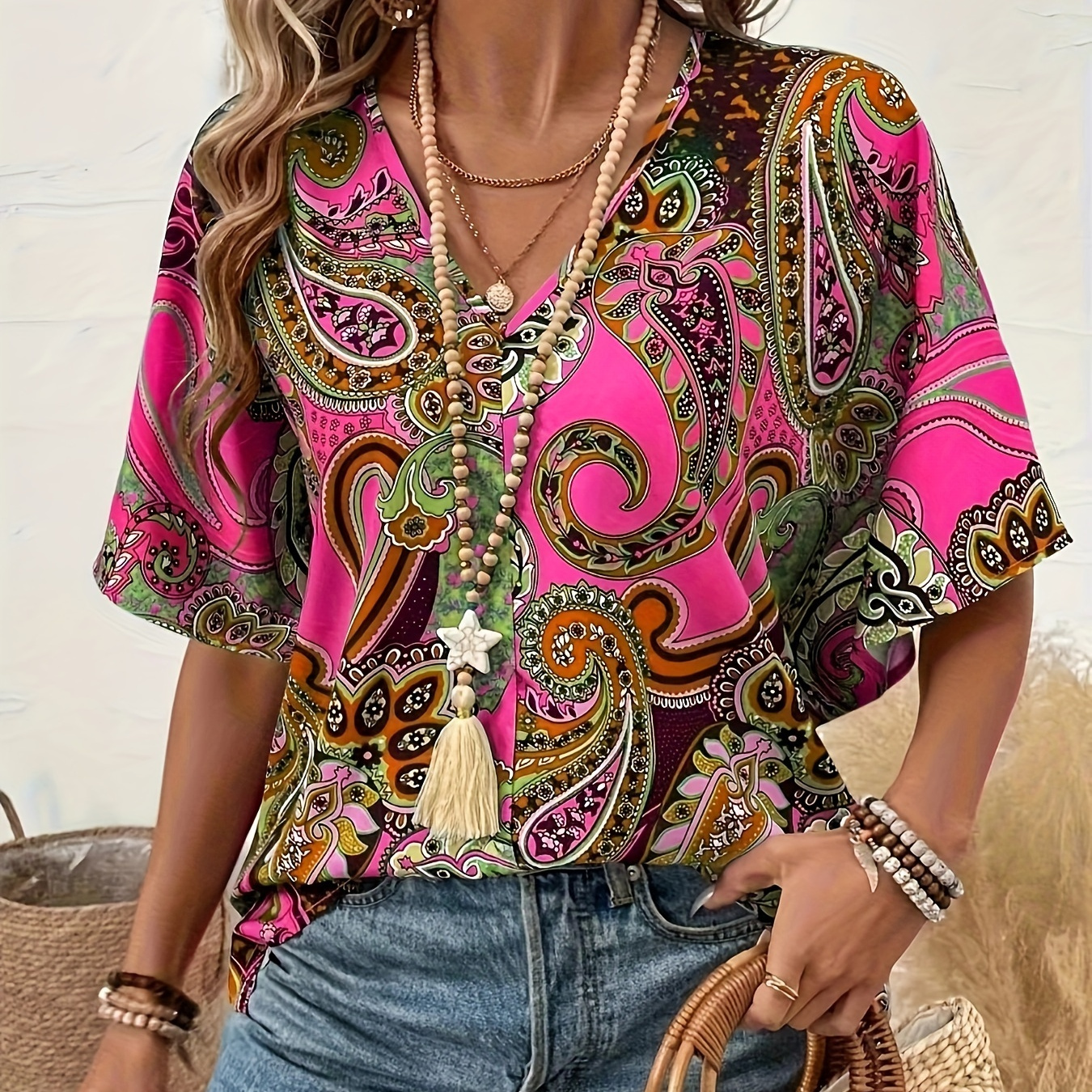 

Paisley Print V-neck Loose Blouse, Elegant Batwing Sleeve Blouse For , Women's Clothing