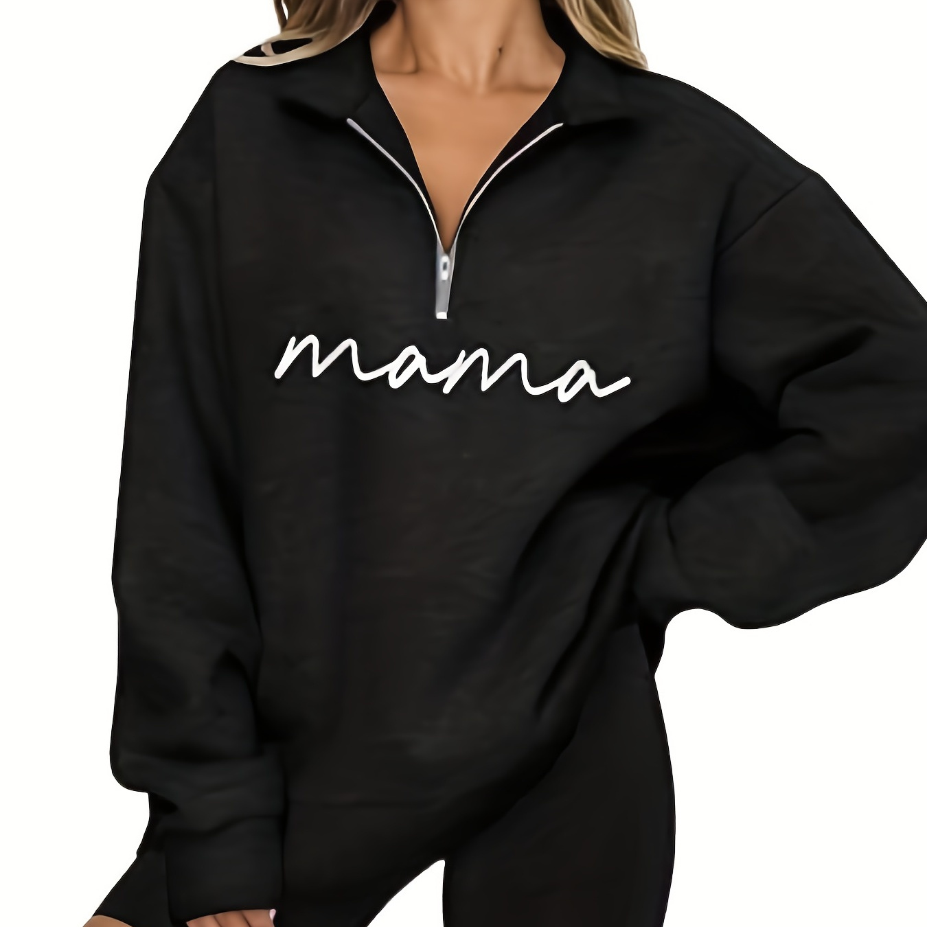 

Mama Print Quarter Zip Sweatshirt, Casual Long Sleeve Sweatshirt For Fall & Winter, Women's Clothing