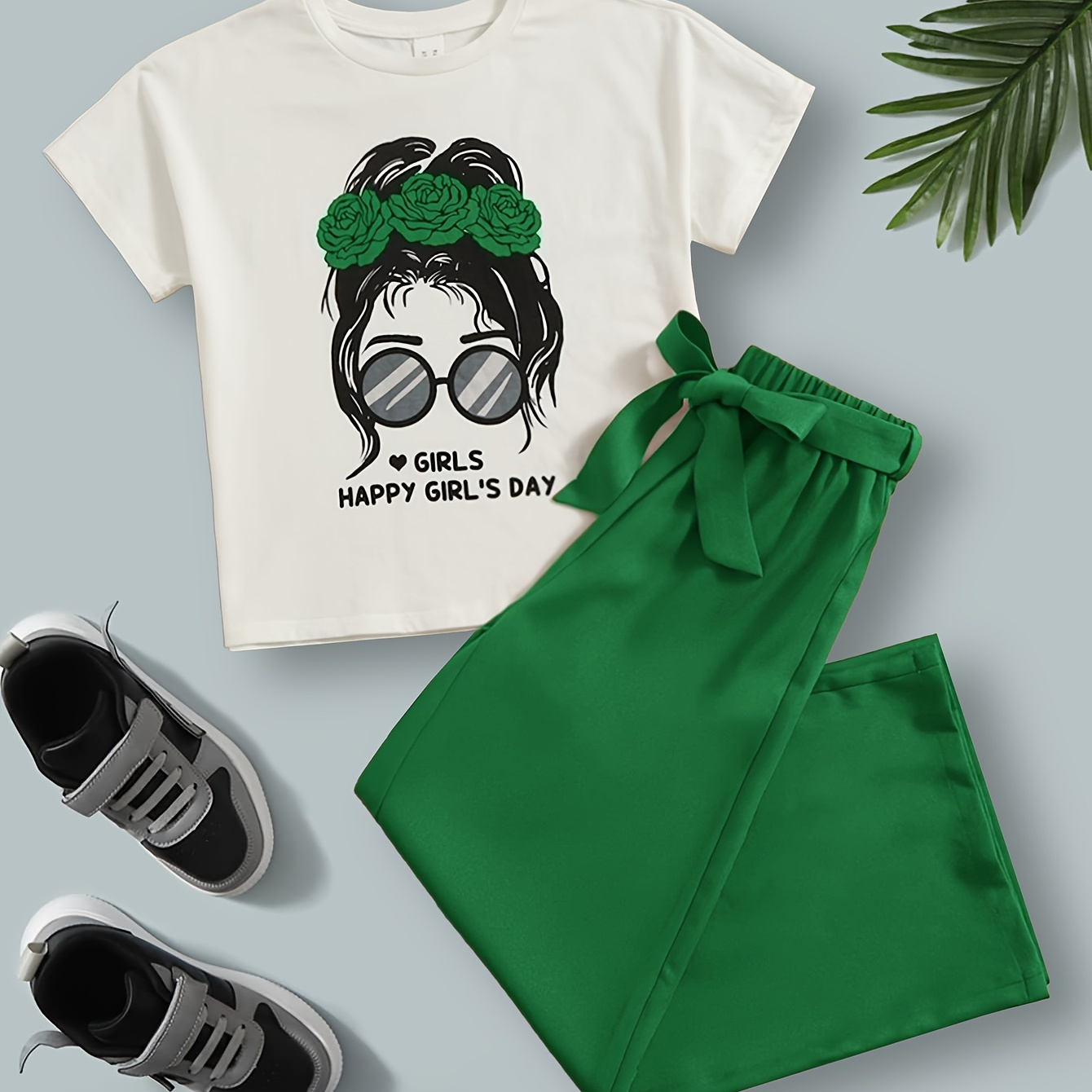 

2pcs, Letters Print Girl With Glasses Graphic Short Sleeve Crew Neck T-shirt + Solid Color Pants With Belt Set For Girls, Comfy And Trendy Summer Gift
