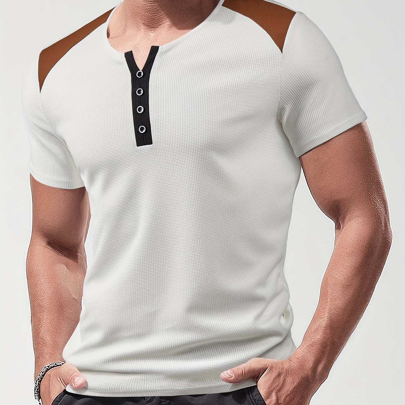 

T-shirt Henley à manches courtes en tricot gaufré pour hommes avec pièces patchwork, hauts décontractés et chics pour les activités de plein air et les vêtements de sport d'été