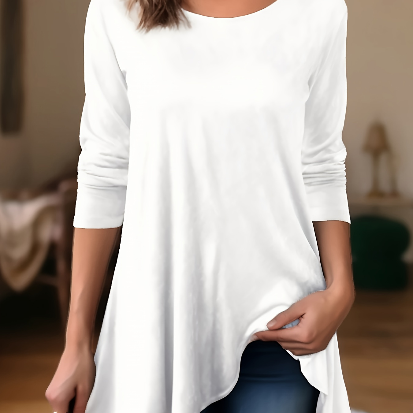 

Solid Crew Neck Asymmetrical T-shirt, Versatile Long Sleeve Top For Spring & Fall, Women's Clothing