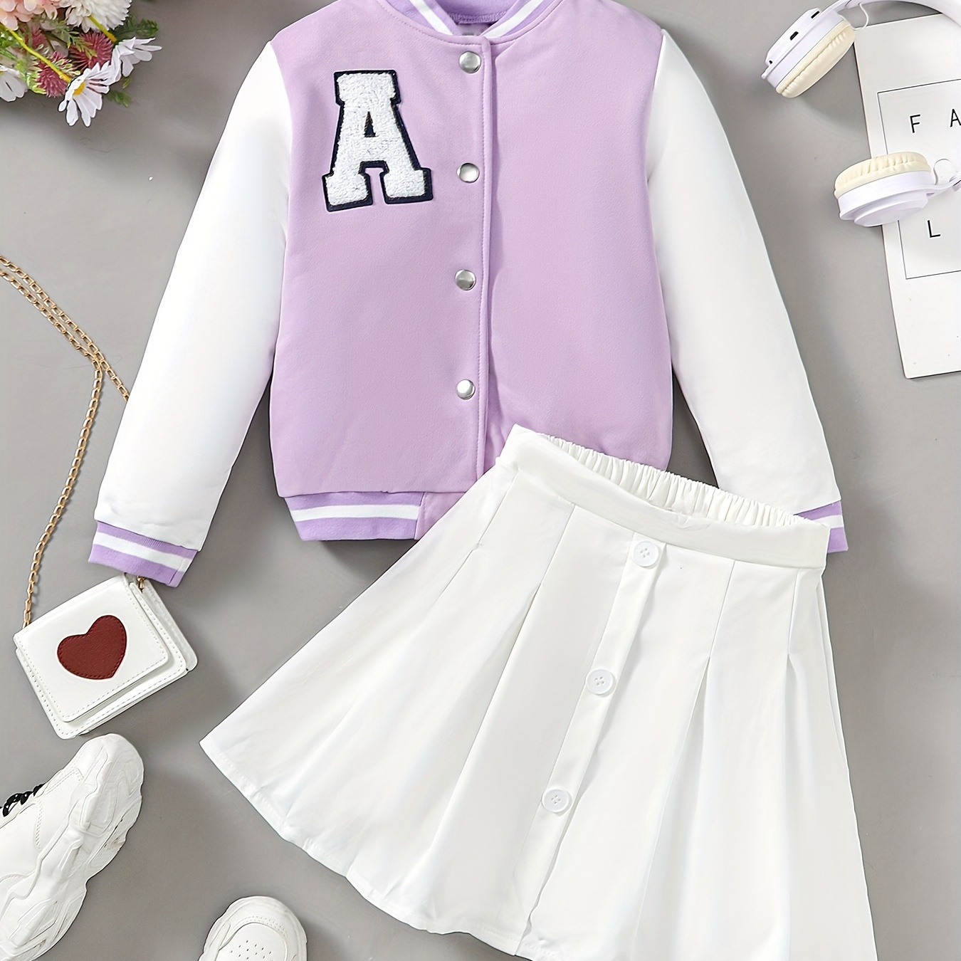 Girls 2pcs Baseball Jacket Coat & Short Skirt Long Sleeve Letter A Appliques Decor Trendy Casual College Style Kids Clothes