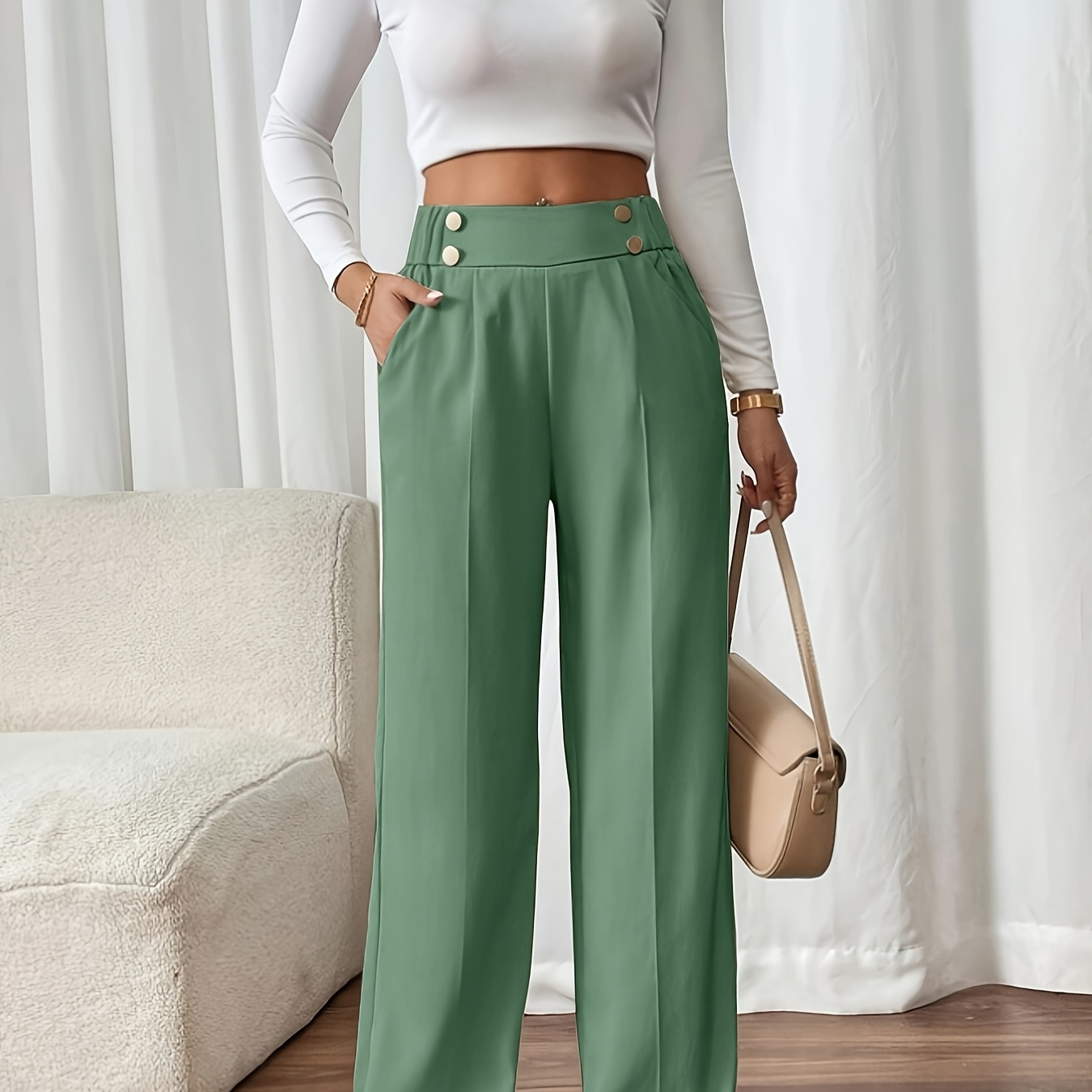 

[Pantalon Décontracté Chic] Pantalon Décontracté Taille Haute pour Femme avec Boutons à Double Boutonnage, Mélange de Polyester et Spandex, Lavable en Machine - Longueur Élégante pour Toutes les