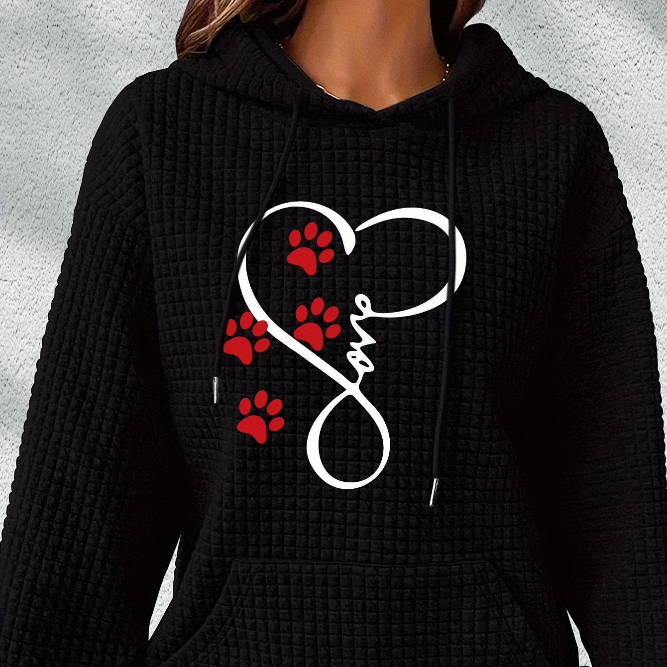 

Paw Print Waffle Hoodie, Drawstring Kangaroo Pocket Casual Hooded Sweatshirt For Winter & Fall, Women's Clothing