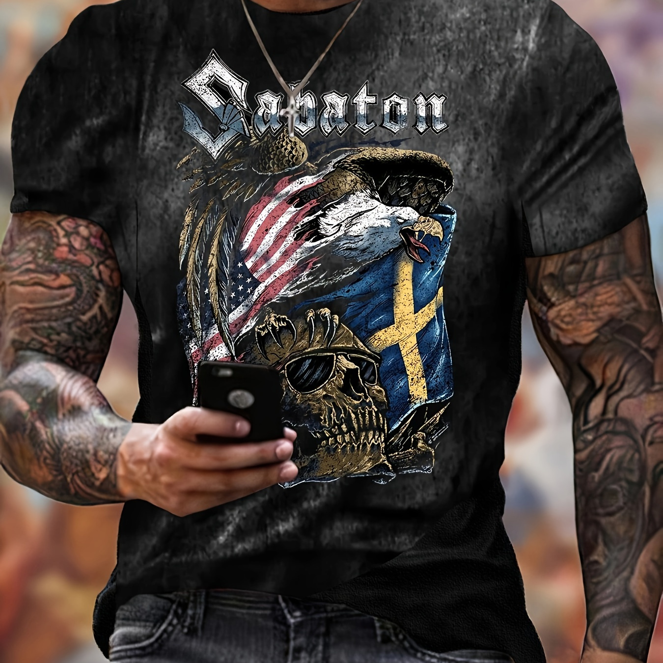 

Skull Eagle Flag Pattern Print Men's Short Sleeve Comfy T-shirt, Graphic Tee Men's Summer Clothes, Men's Clothing