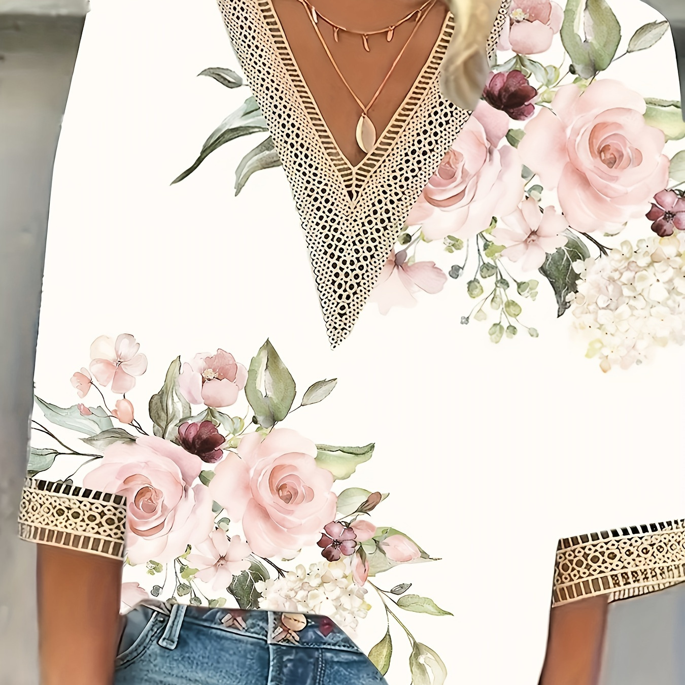 

Plus Size Floral Print Blouse, Casual Lace Trim V Neck Blouse For Spring, Women's Plus Size clothing