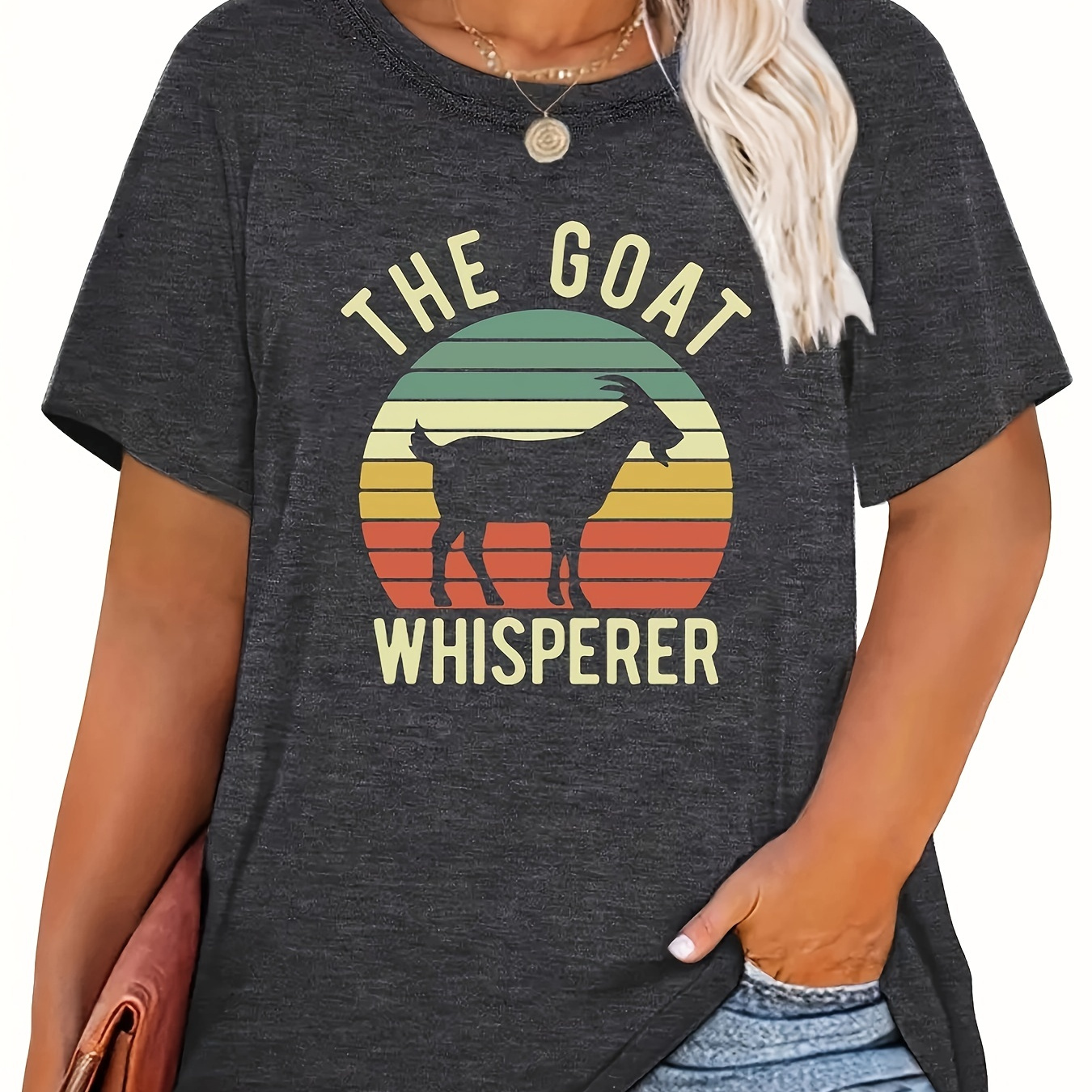 

Plus Size Goat Print T-shirt, Comfortable Casual Short Sleeve Crew Neck Top For Summer & Spring, Women's Plus Size Clothing