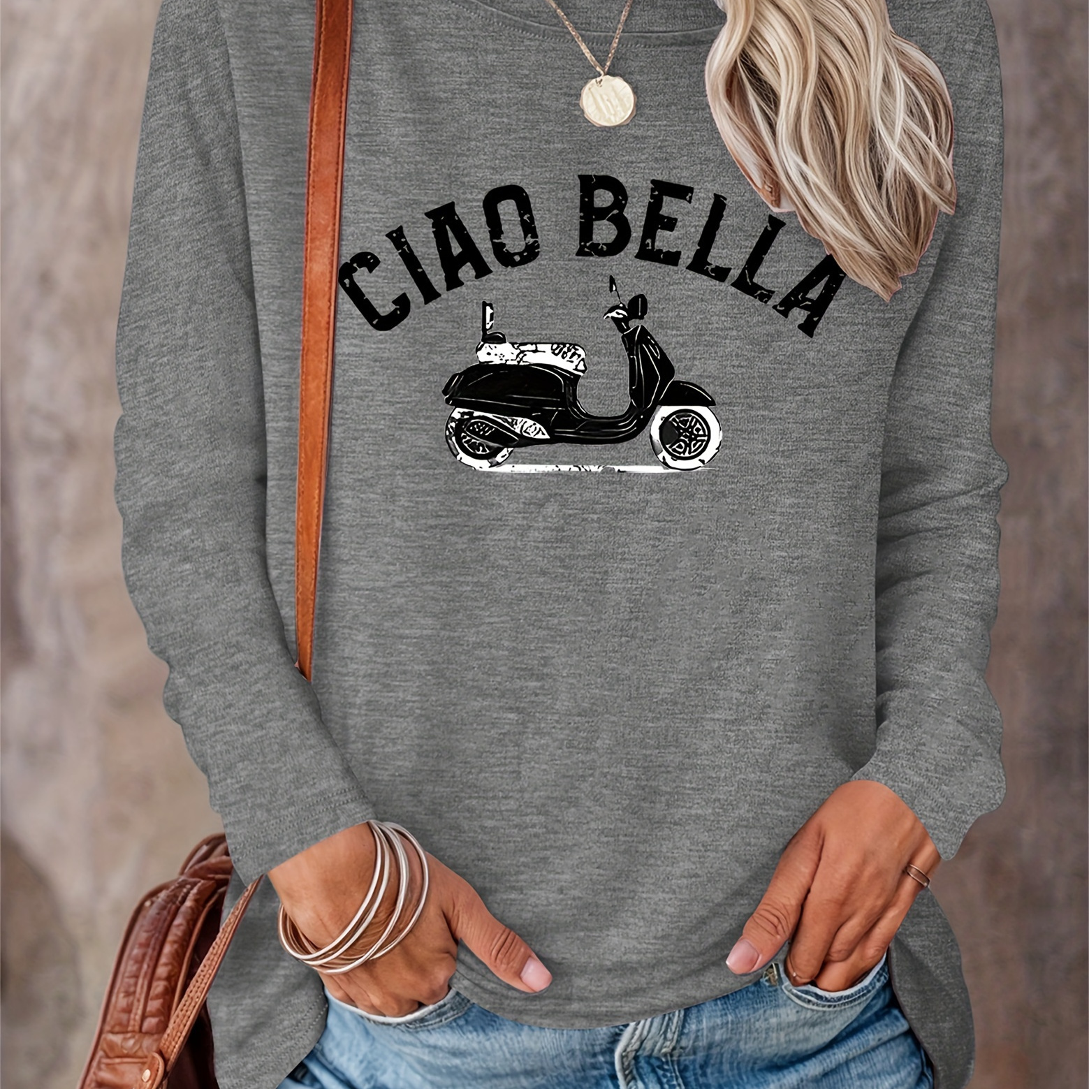 

Women's Casual Long Sleeve Crew Neck T-shirt With "ciao Bella" Scooter Print, Knit Polyester Blend Top For Spring/fall - Alphabet Pattern, Regular Length