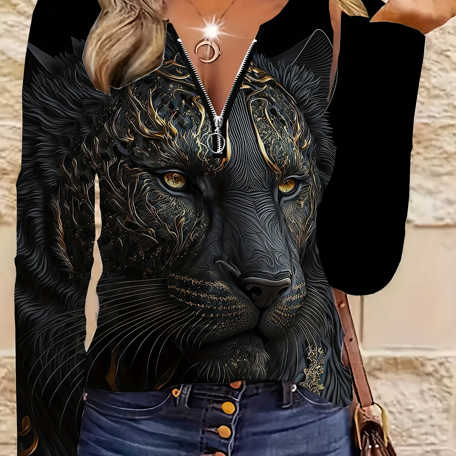 

Women's 3d Lion Print T-shirt, Casual Crew Neck Zip-, Polyester 95% Spandex 5% Knit Fabric, Animal Pattern Long Sleeve Shirt For Spring/fall Outdoor Wear