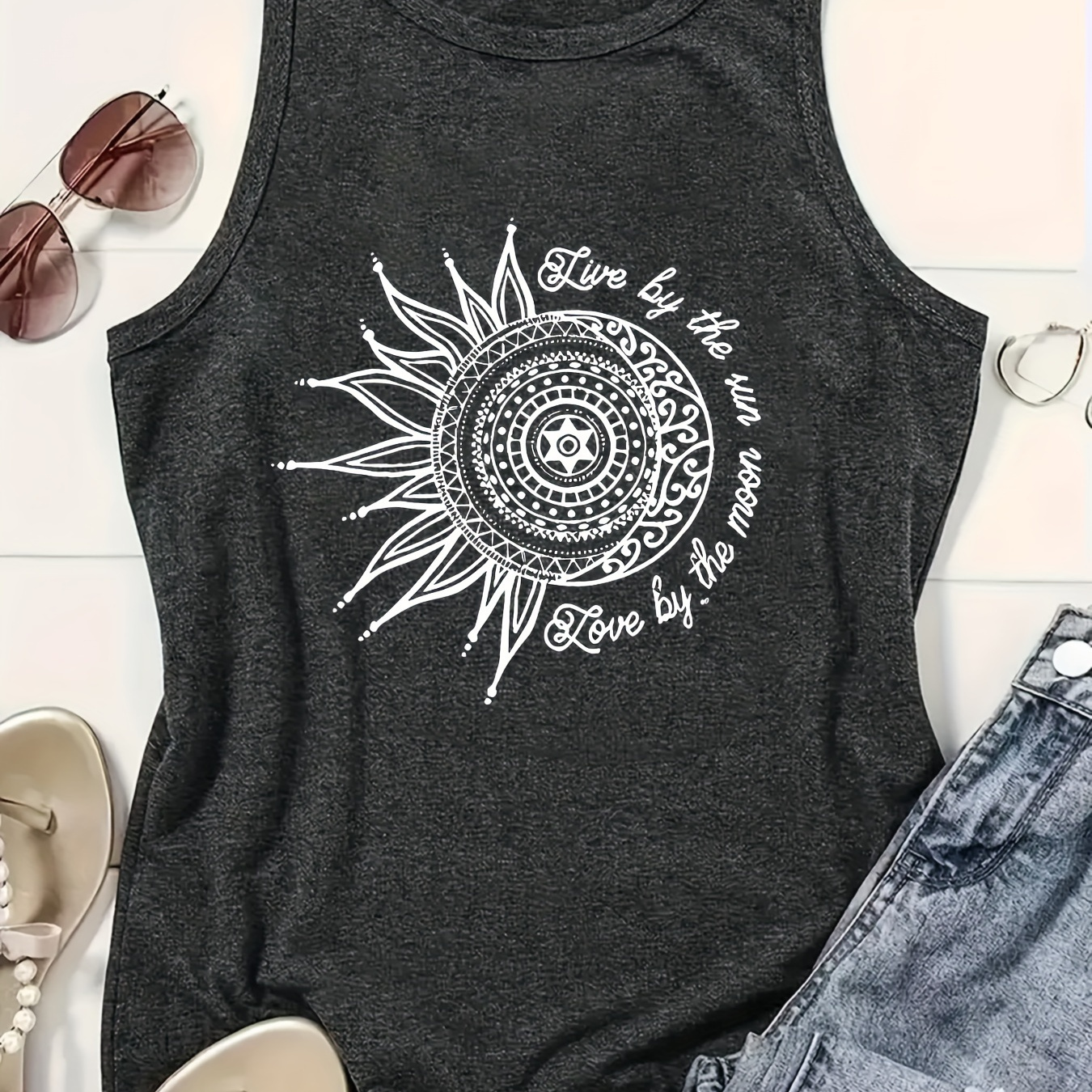 

Women's Bohemian Graphic Sleeveless Tank Top, Casual Crew Neck Vintage Vest With Sun And Moon Print