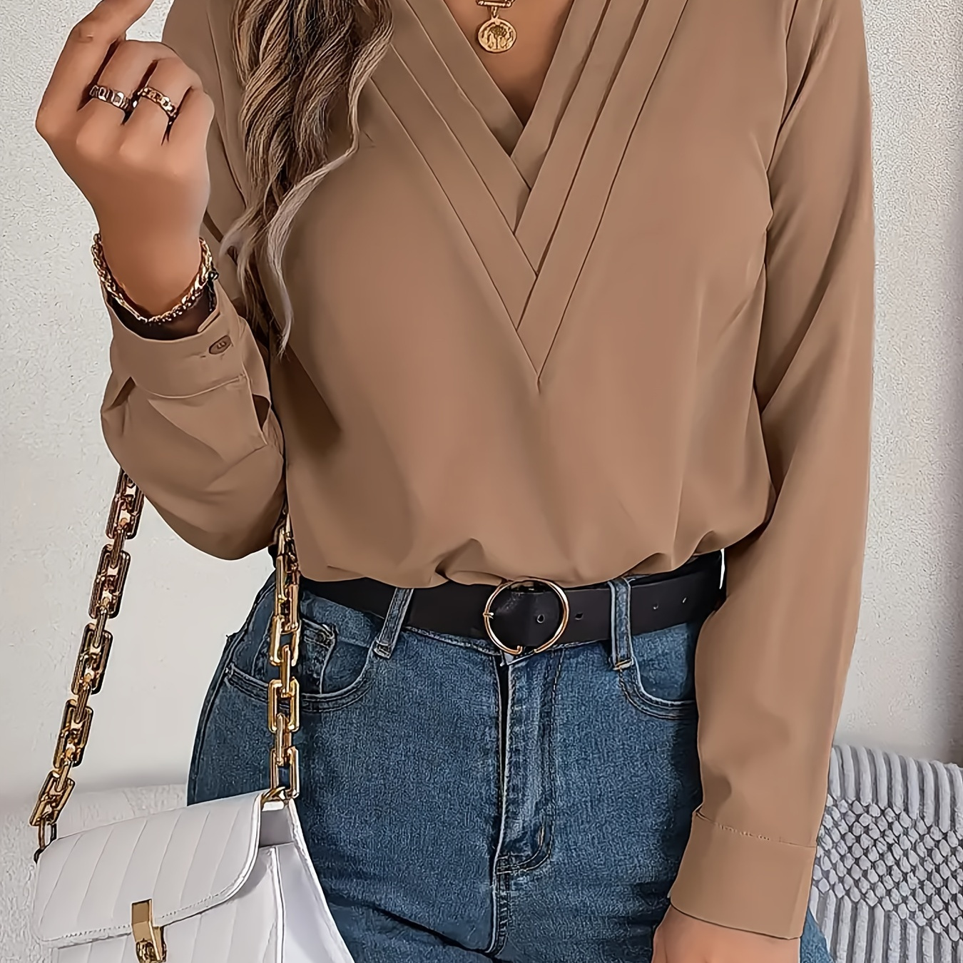 

V-neck Long Sleeve Blouse, Polyester Fabric, Elegant And , Suitable For All , Machine Washable