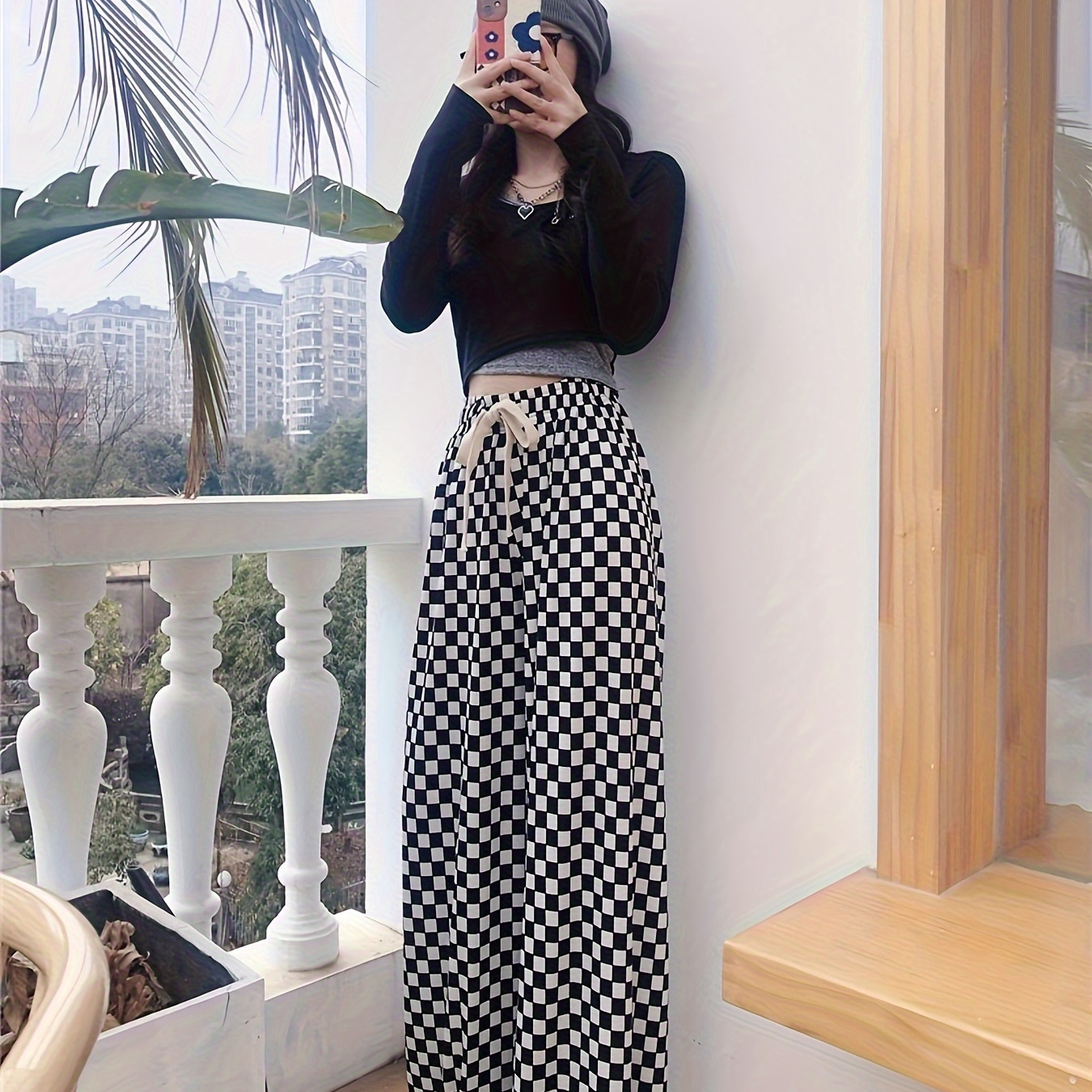 

Plaid Print Wide Leg Pants, Casual Color Block Loose Drawstring Pants For Spring & Fall, Women's Clothing