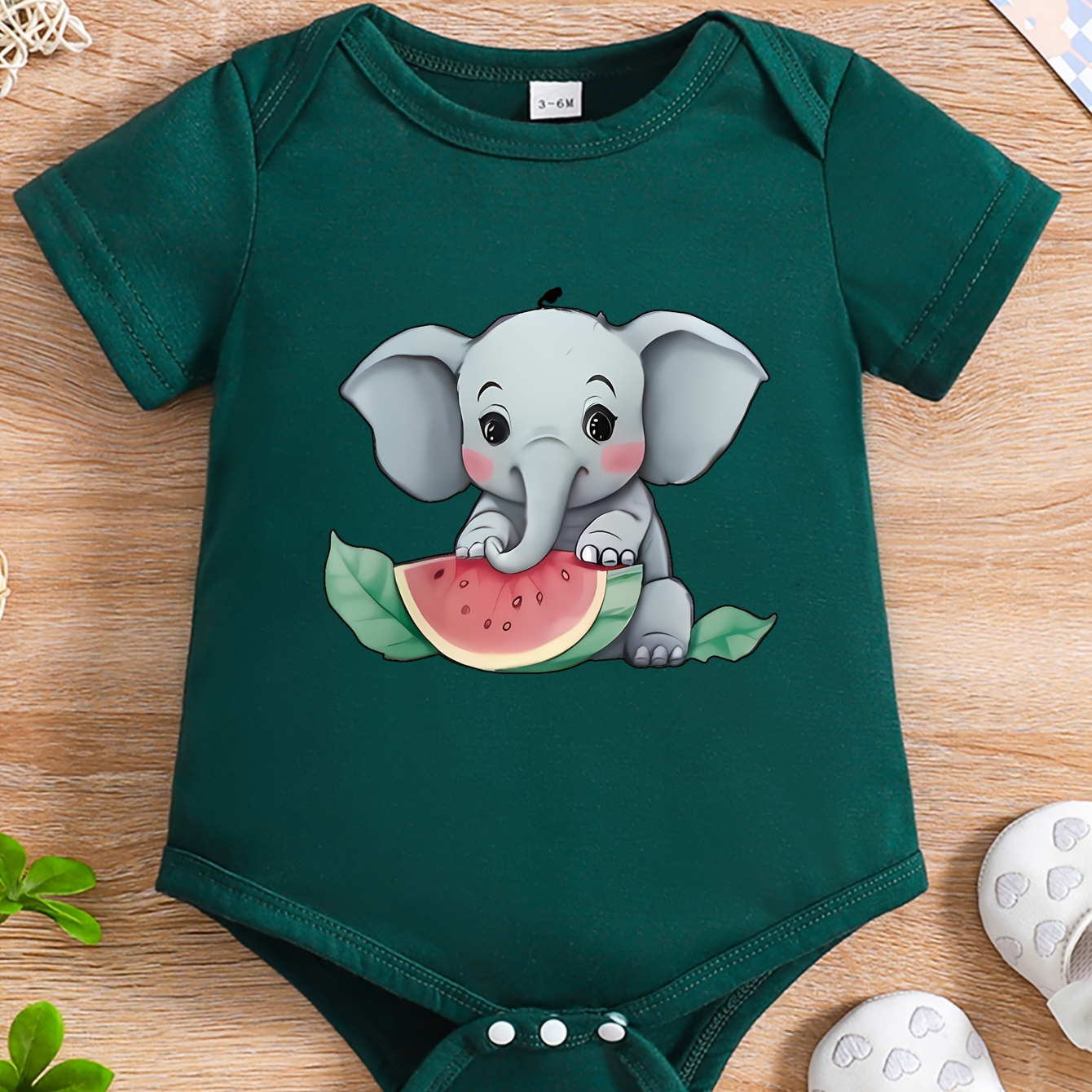 

Infant Girls' Summer Short Sleeve Round Neck Romper, Cute Cartoon Elephant & Watermelon Print, Casual Style Bodysuit