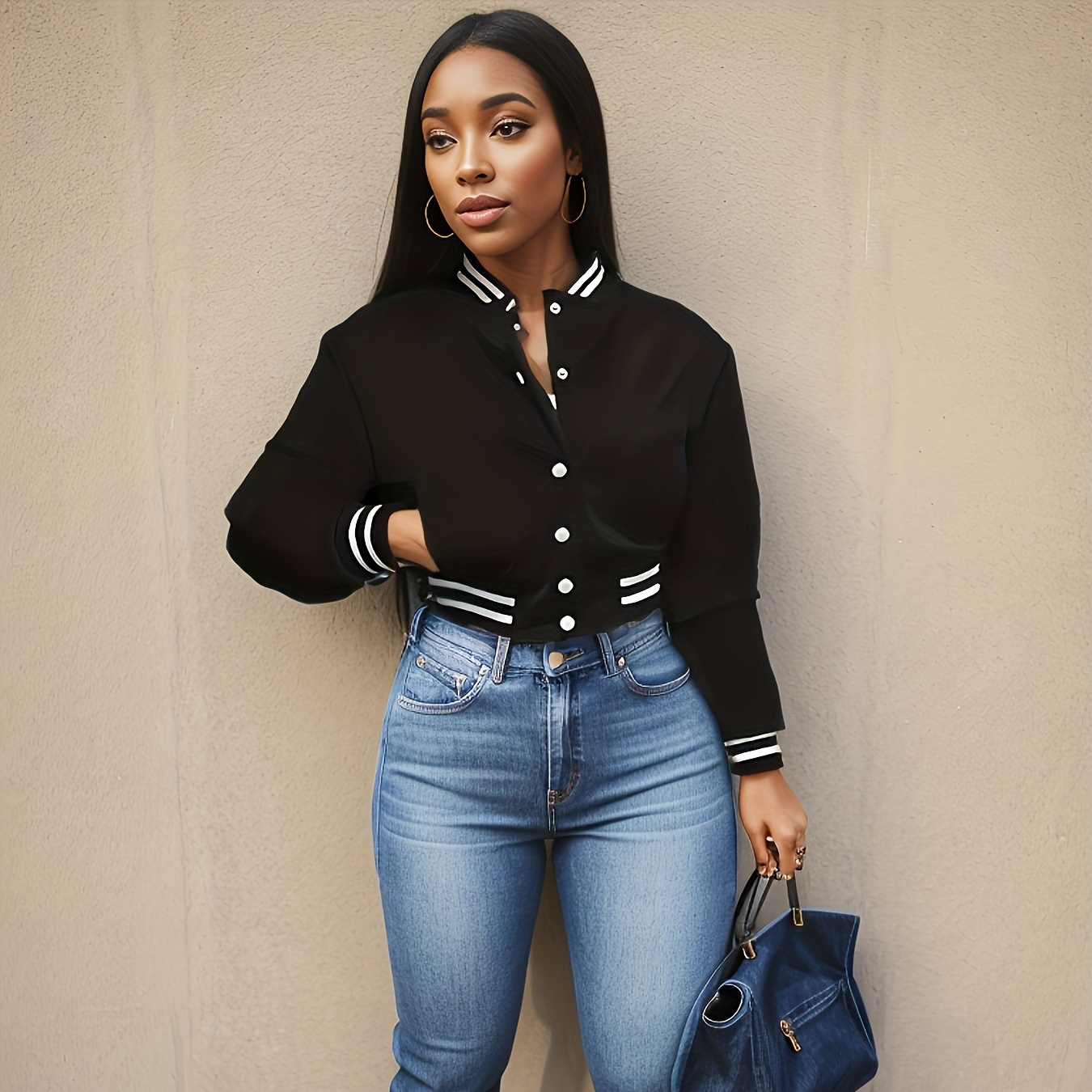 

Button Front Jacket, Casual Long Sleeve Baseball Jacket For Spring & Fall, Women's Clothing