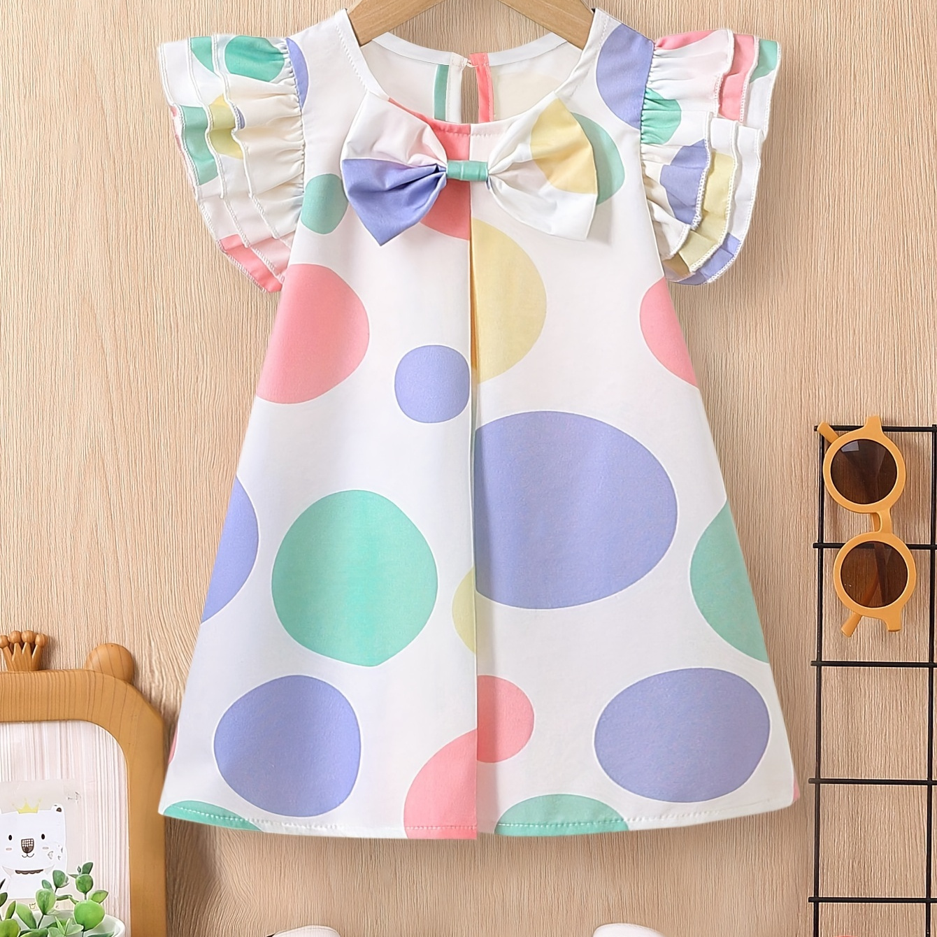 

Baby's Colorful Polka Dots Pattern Bowknot Decor Cap Sleeve Dress, Infant & Toddler Girl's Clothing For Summer/spring, As Gift