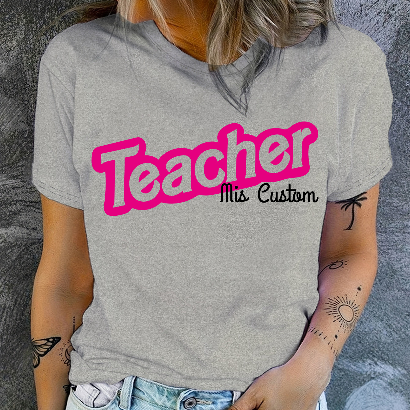 

Teacher Letter Print Crew Neck T-shirt, Casual Short Sleeve T-shirt For Spring & Summer, Women's Clothing