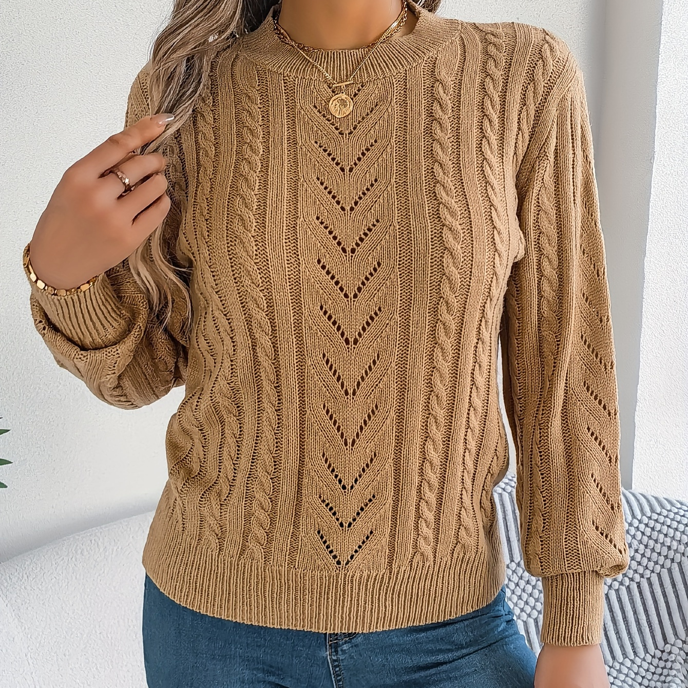 

Elegant Solid Color Cable Knit Sweater With V-neck Cutout - Long Sleeve, Cozy Acrylic Pullover For Women - Fall/winter, Casual, Round Neck