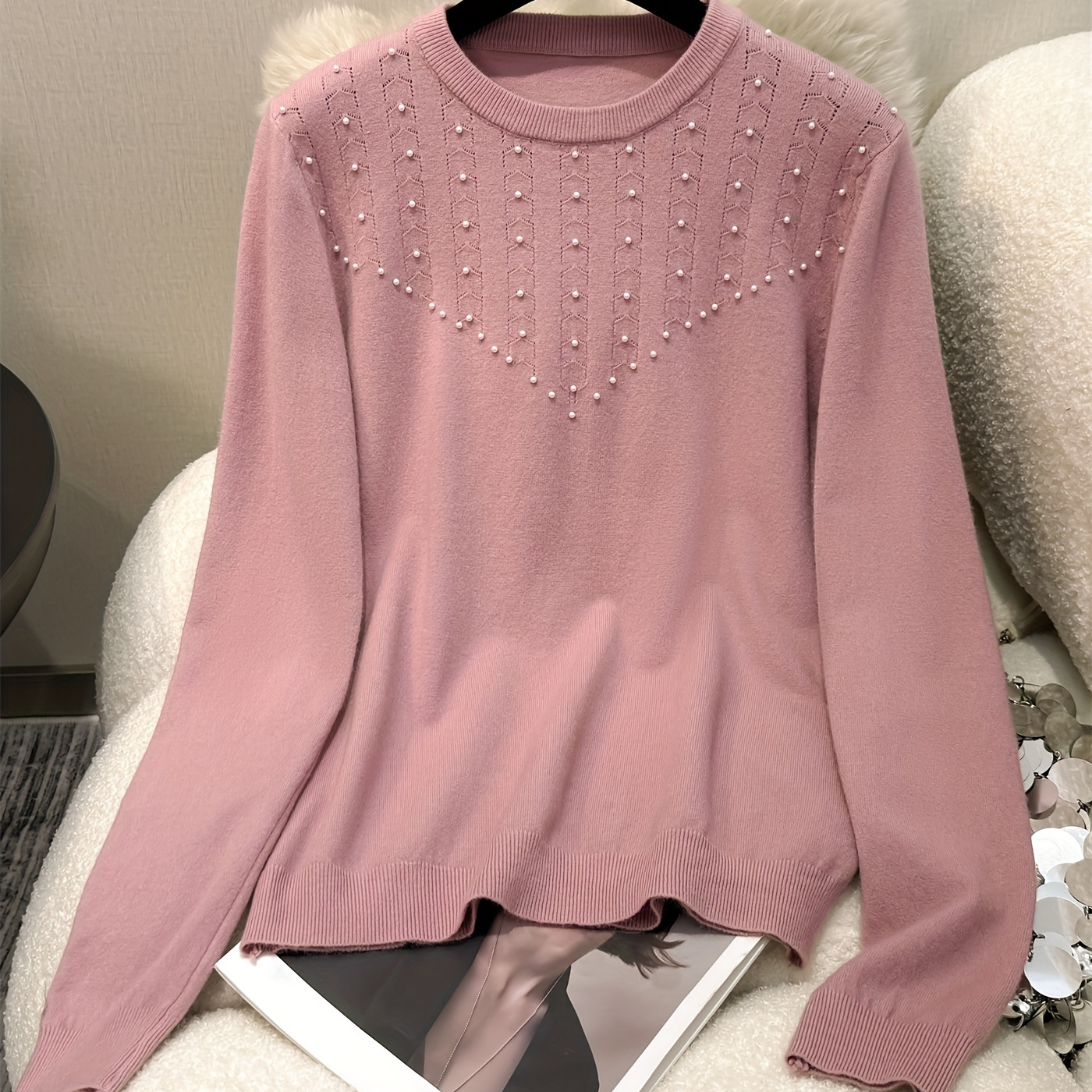 

Elegant Pink Beaded-detail Long Sleeve Knit Top For Women - Casual Crew Neck, Stretchy Viscose , Short Sweater With Lettuce Hem