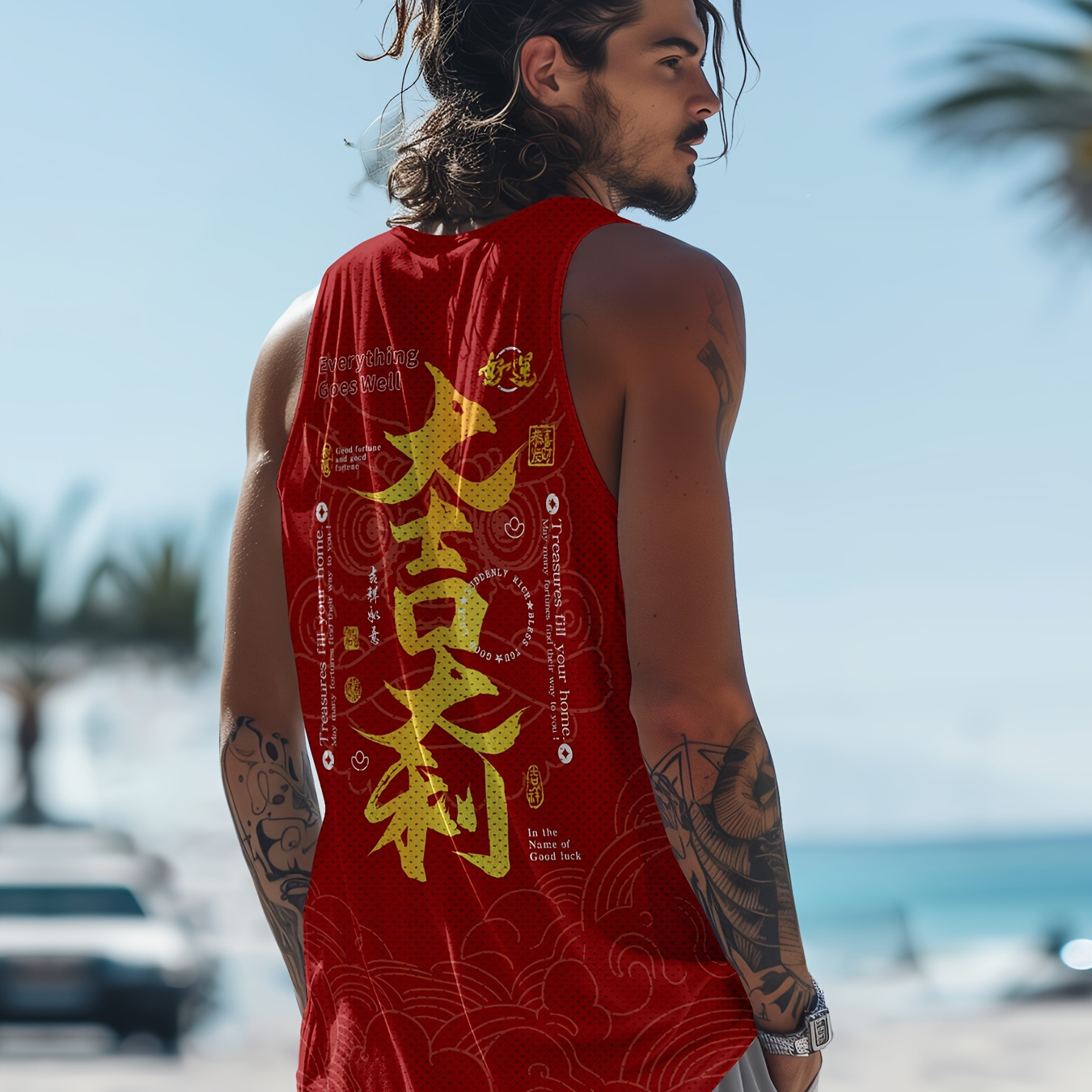 

Summer Man No Sleeve Breathable Tank Top Vest Chinese Style Happy New Year Good Luck Red