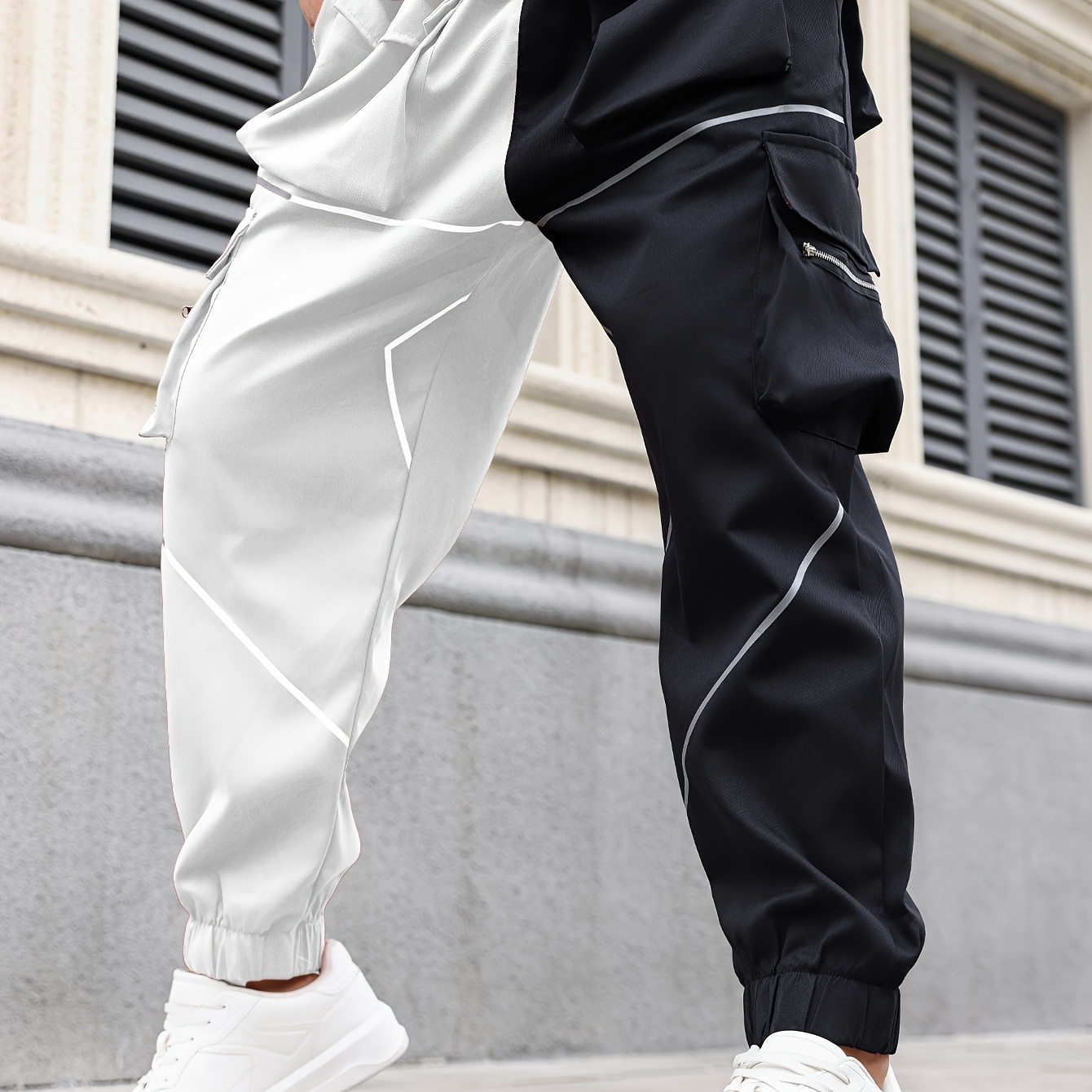 

Plus Size Men's Reflective Binding Drawstring Waist Jogger Cargo Pants With Pockets Color Block Relaxed Fit Pants