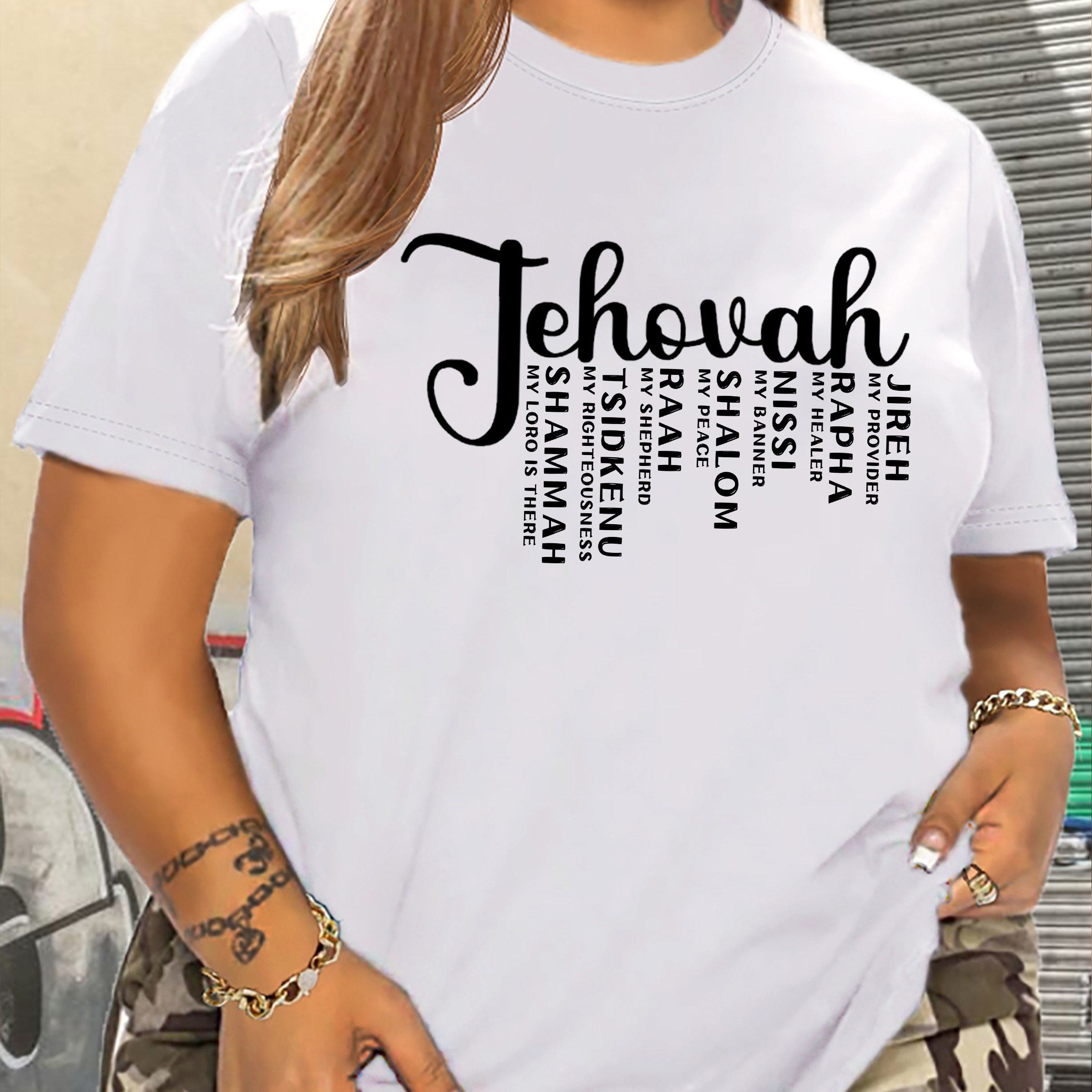 

Women's Plus Size Casual Sporty T-shirt With "jehovah" Letter Print, Fashionable Short Sleeve Tee For Ladies, Comfort Fit Top – White