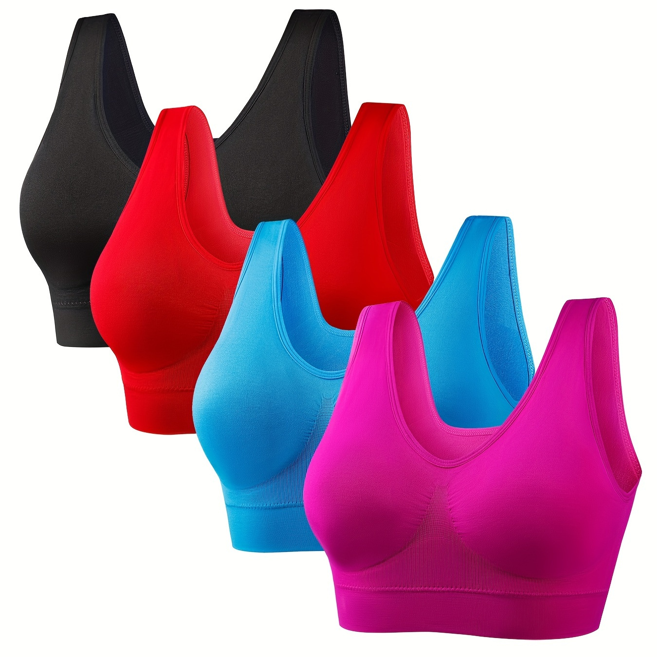 4 Pack Plus Size Sports Bra Set, Women's Plus Solid Elastic Comfort & Breathable Sporty Tank Bra Four Piece Set