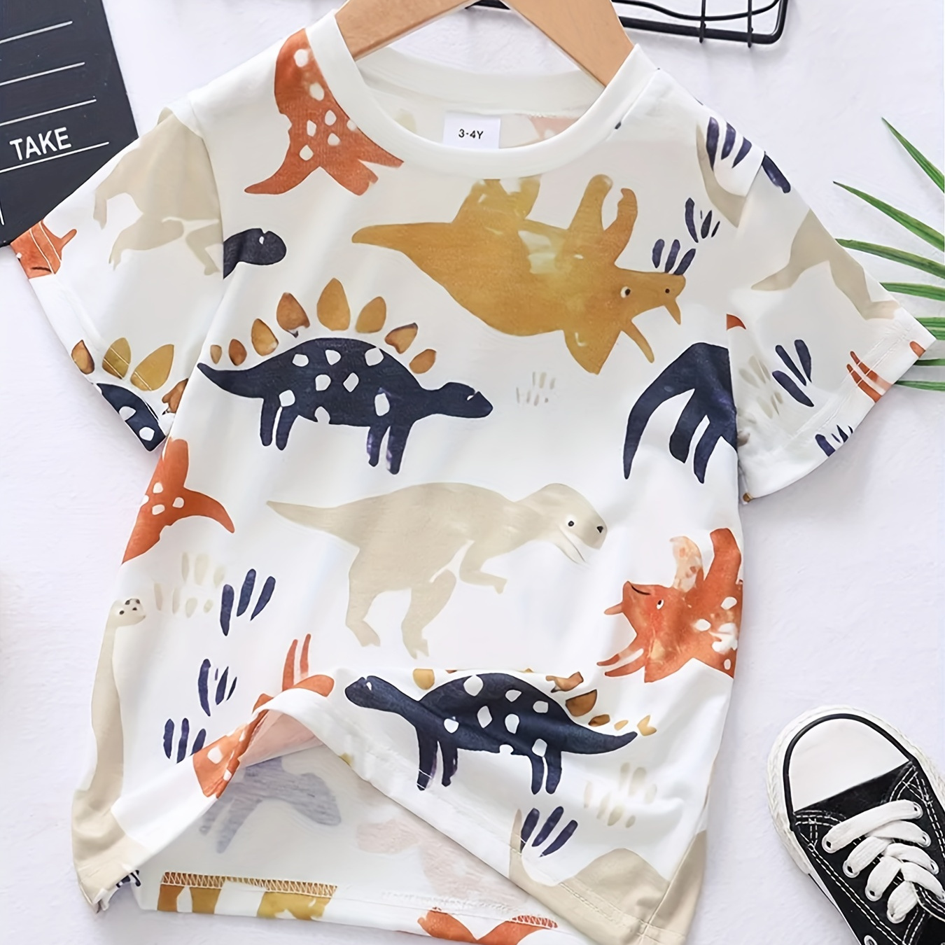 

Toddler Boys Cute Dinosaur Print T-shirt Crew Neck Short Sleeve Tees, Kids Clothing For Summer
