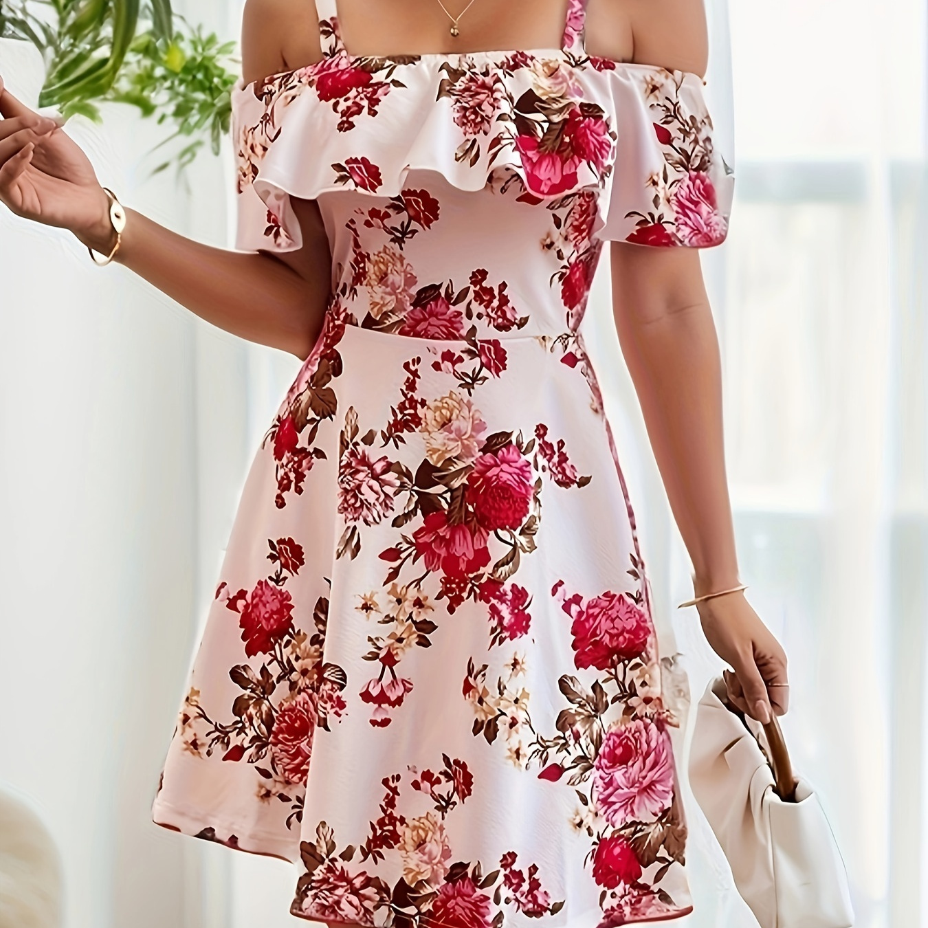 

Robe À Imprimé Floral Avec Ourlet À Volants, Élégante Robe Dos Nu À Épaules Dénudées Et Encolure Carrée Pour Le Printemps Et L'été, Vêtements Pour Femmes